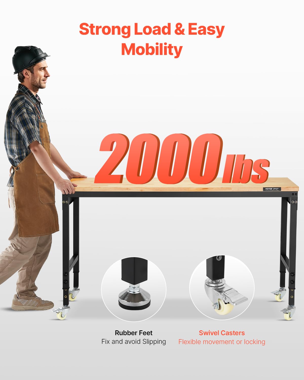VEVOR Adjustable Workbench, 60 Inch Work Bench with Power Outlet, Wheels, and Pegboard, 2000 lbs Load Heavy Duty Oak Wood Top Work Table for Garage, Workshop, Office, and Home