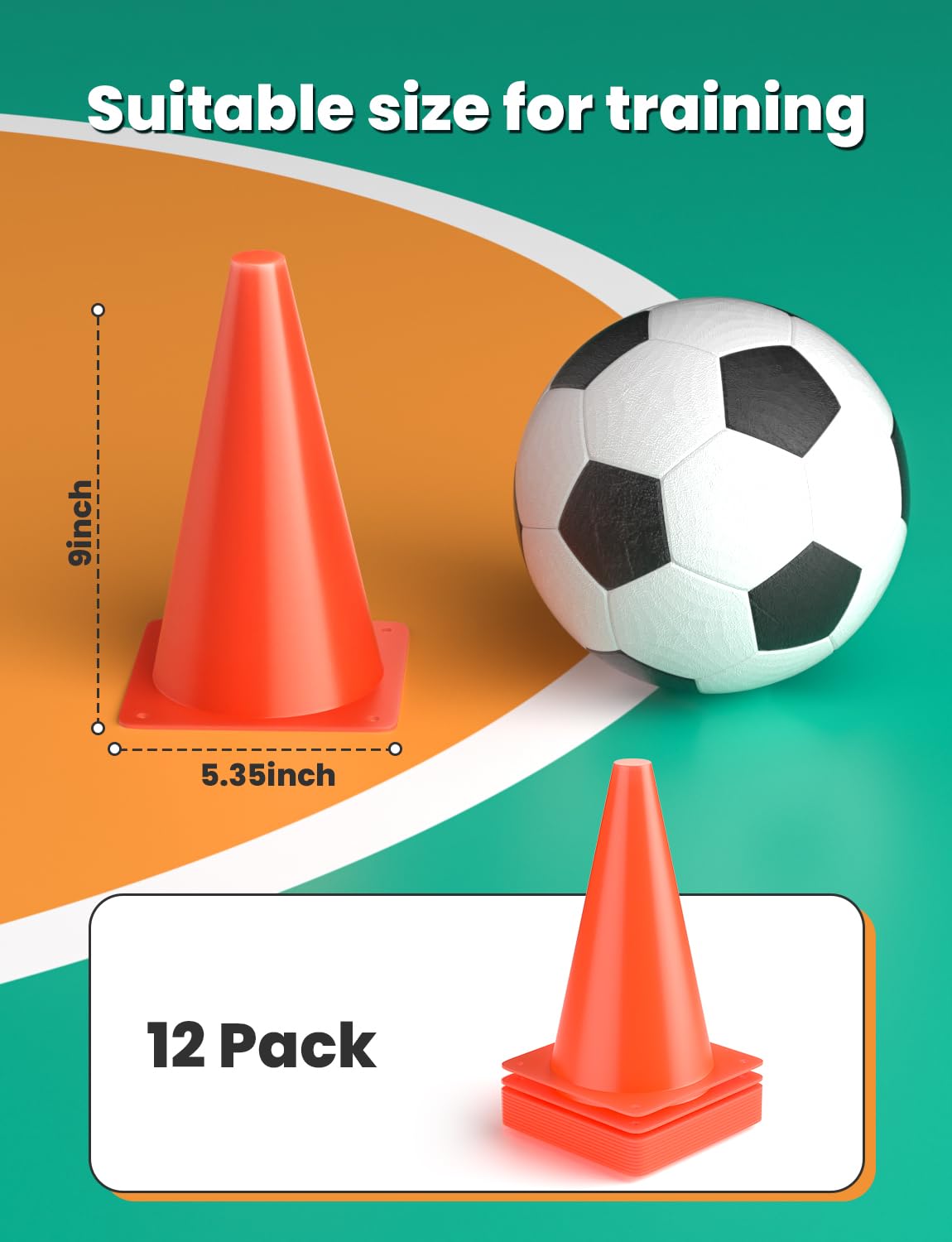 GHB 9 Inch Soccer Cones 12 Pack Disc Soccer Sport Cones Training Field Marker Agility Cones for Basketball, Coaching, Practice Equipment Includes Drills Guide (9" 12Pcs Orange)