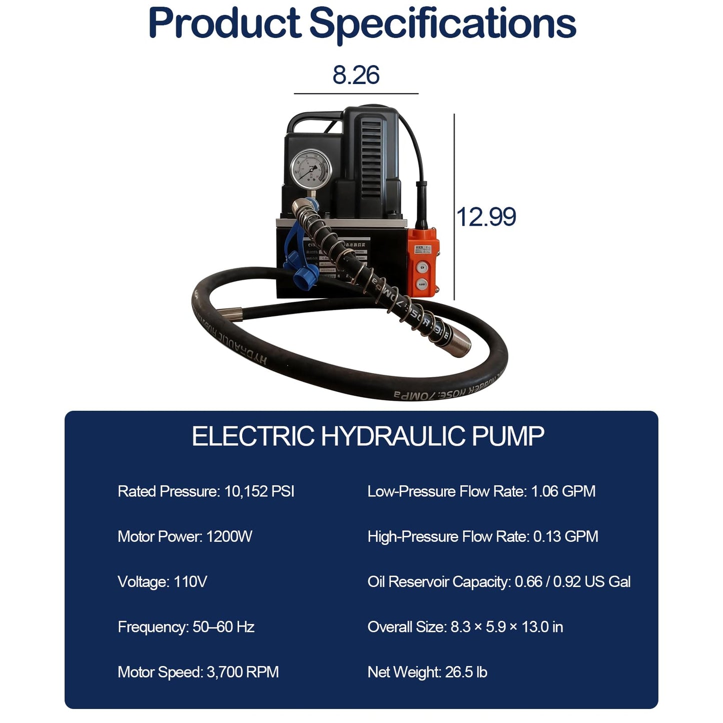 Electric Hydraulic Pump 10152 PSI, 1200W, 110V, with 9.1 ft Oil Pipe 0.92 US Gal Capacity, Single Acting Solenoid Valve, Handheld Switch for Bending, Lifting, Pressing, Punching, Jack (Black)
