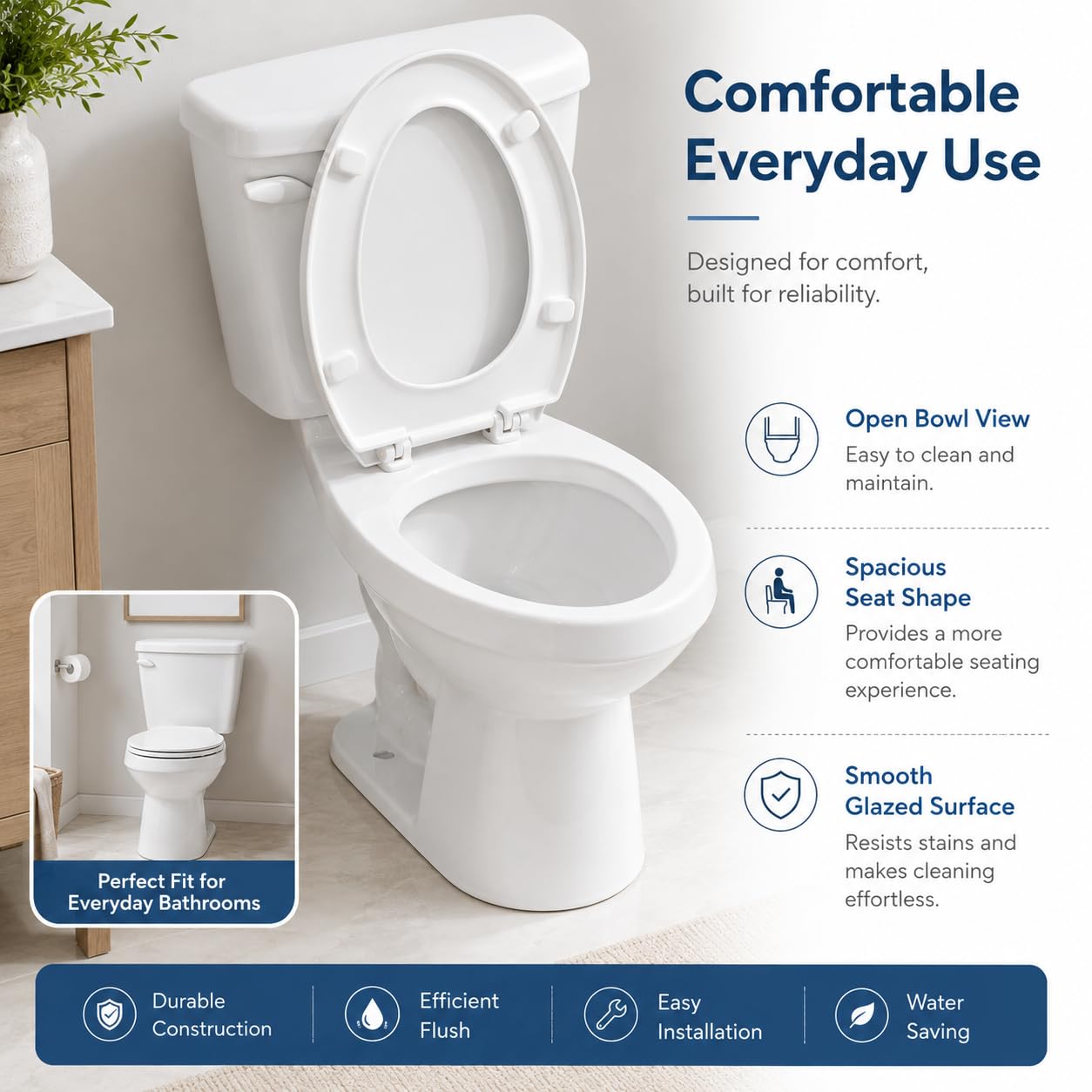 15 Inch Round Front Toilet for Small Bathrooms, Two Piece Compact Ceramic Commode with Side Flush, 1.28 GPF Siphonic Flush, Soft Close Seat, cUPC Certified, 12 Inch Rough-In