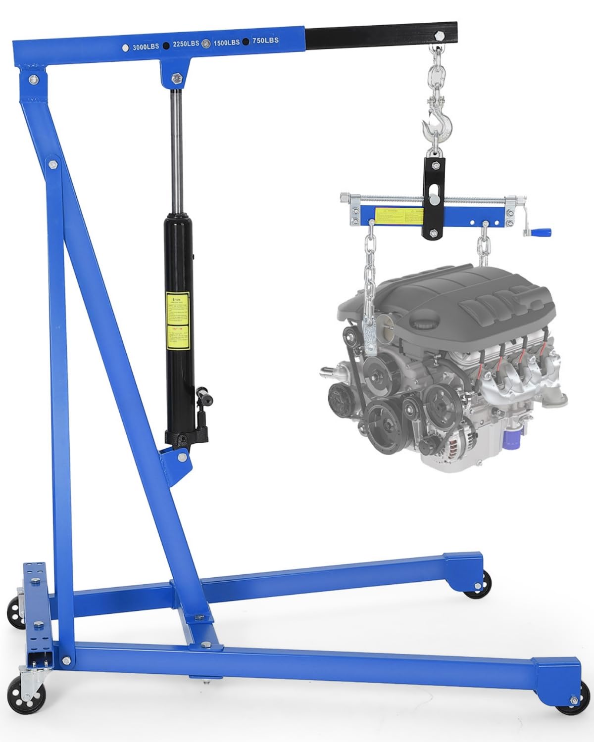 3000 LBS Hydraulic Engine Hoist with Lever, 1.5-Ton Telescoping Boom Shop Crane with 4 Heavy-Duty Casters, Garage & Warehouse Cherry Picker for Automotive, Machinery, and Equipment Lifting, Blue
