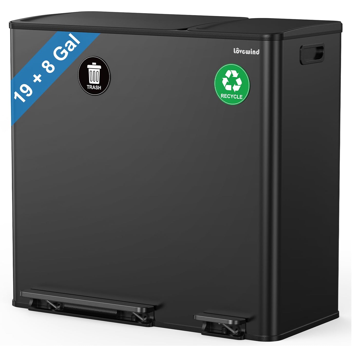 Dual Trash and Recycling Bins for Kitchen, 19+8 Gallon (72+30L) Stainless Steel Trash and Recycle Bin Combo with Soft-Close Lid, Large Garbage Cans for Kitchen Home with 2 Magnets Sticker, Black