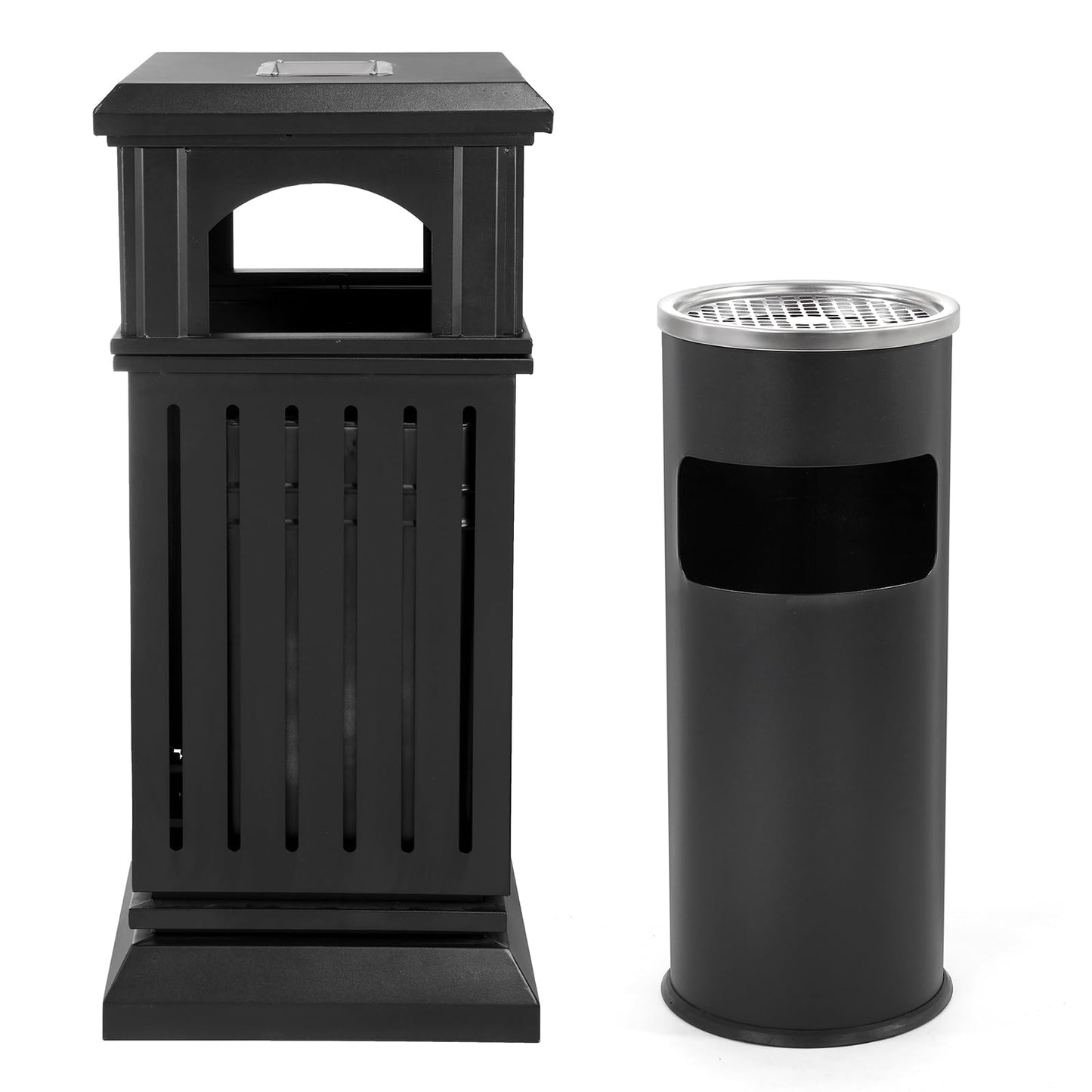 BEAMNOVA 35.5 * 15.8 * 15.8in Matte Black + 9.8 * 24 in Black Trash Can Outdoor Top Tray Stainless Steel Commercial Garbage Enclosure