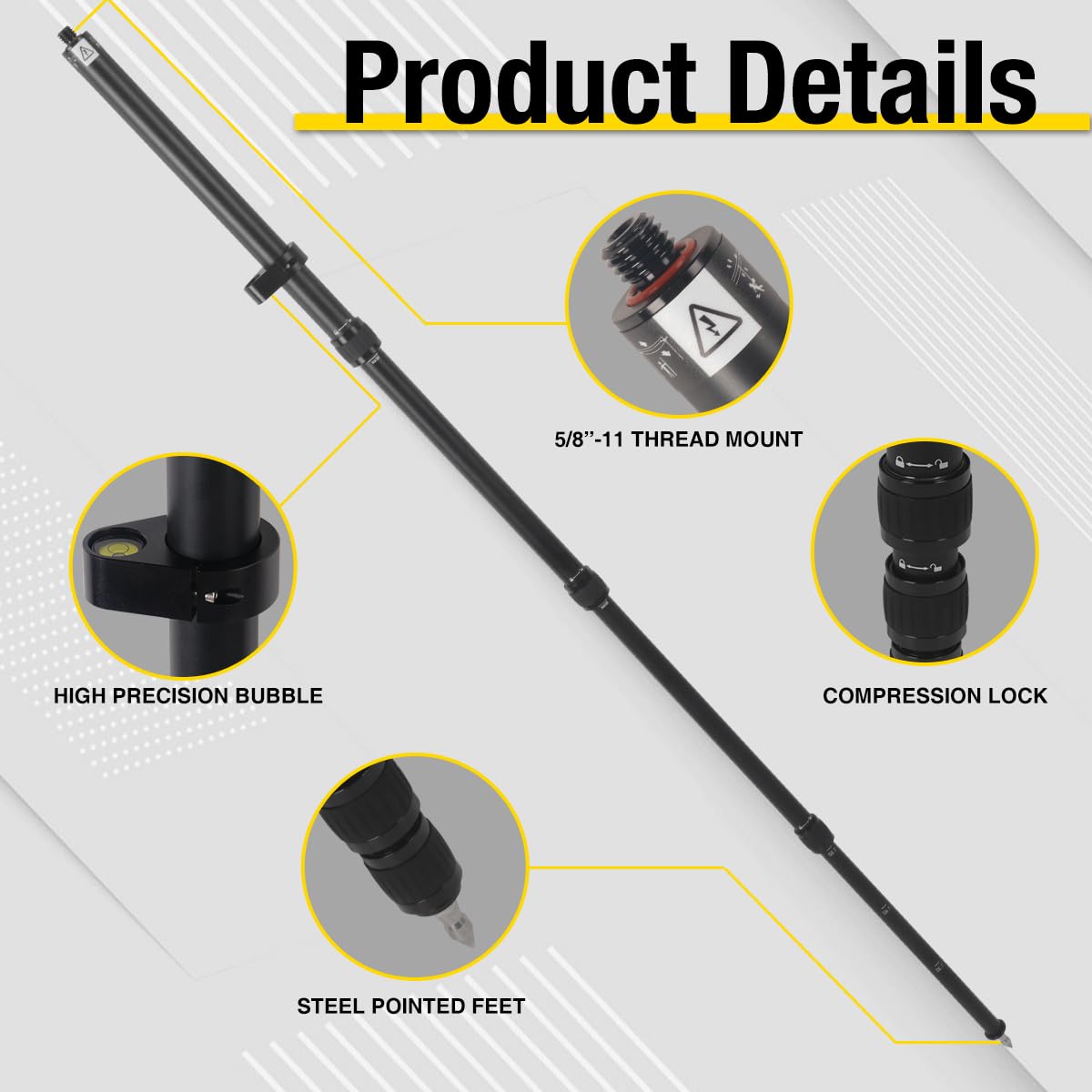 DMITER Telescopic Rover Rod - 5 FT/1.5M Aluminum Survey Pole with Removable Tip & Locking System for Land Surveying, Engineering, and Mapping