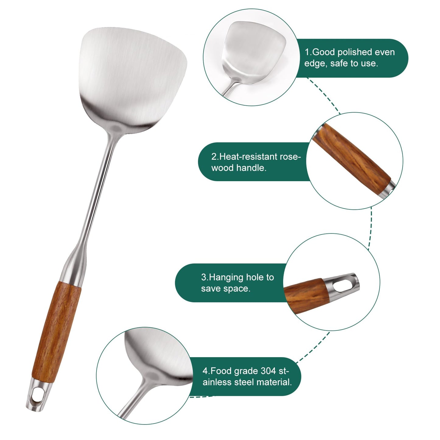 304 Stainless Steel Kitchen Utensils Set with Wooden Handle, 11 Pcs Long Heat Resistant Metal Cooking Utensils Set, Stainless Steel Cooking Utensils Set with Spatula, Turner, Solid and Slotted Spoon