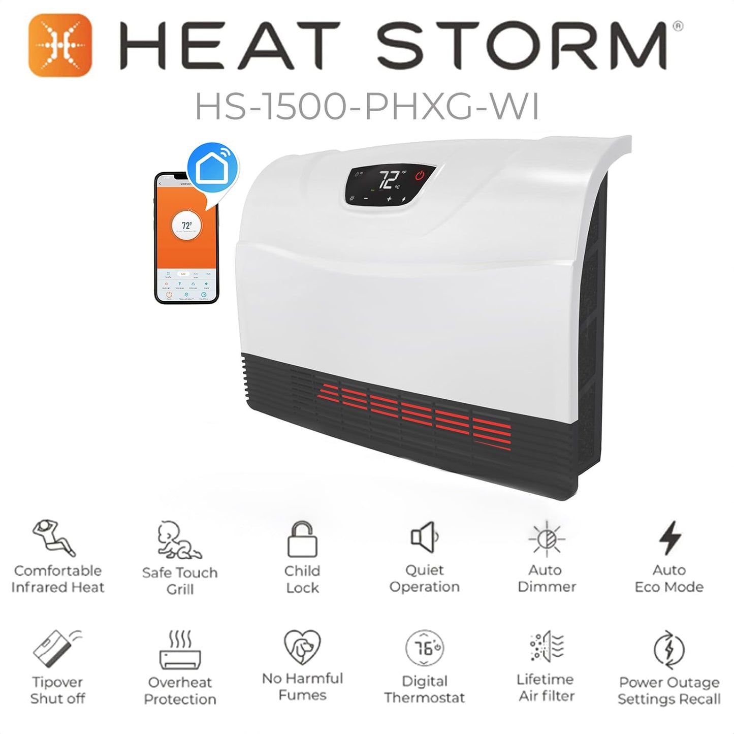 Heat Storm HS-1500-PHX-WIFI Infrared Heater, Wifi Wall Mounted