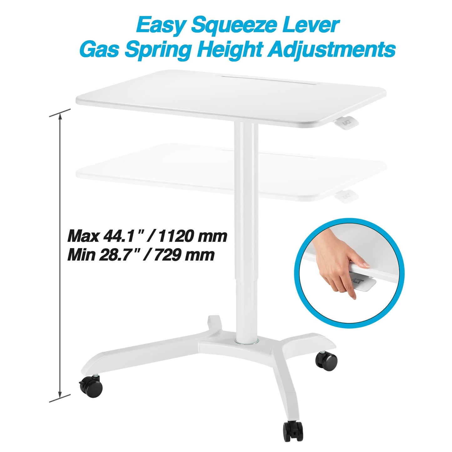 AVLT 44-inch Ambidextrous Pneumatic Laptop Standing Desk Cart (3 ft 8 in), Mobile Rolling Desk with Adjustable Height, Folding Computer & Projector Cart, White Cart with Brakes