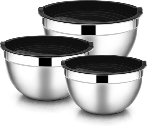 E-far Stainless Steel Mixing Bowls - 6-Piece Set with Airtight Lids | Stackable Design, 4.5 QT, 3 QT, 1.5 QT (Black)