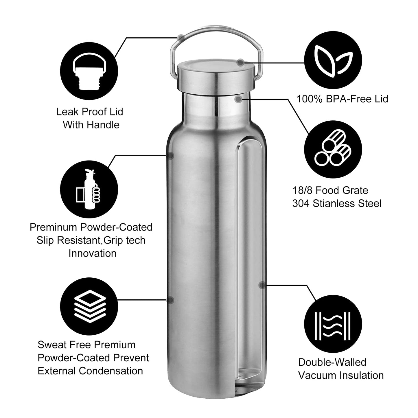 Neihepal Silver Stainless Steel Water Bottles,20 Ounce Vacuum Insulated Double Wall Travel Bottle with Leak Proof Lid of Handle,Metal Reusable Standard Mouth Flask Thermoses for School,Hikers,Gift