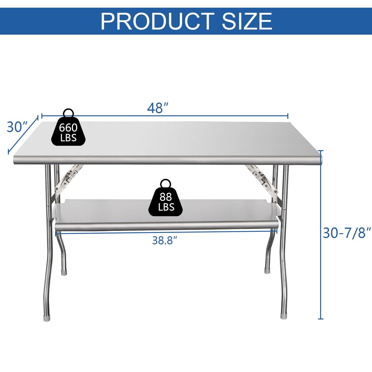 HARDURA Folding Stainless Steel Table 30X48 Inches with Adjustable Undershelf and Legs NSF Commercial Portable Folding Prep Table for Restaurant Kitchen Home and Hotel