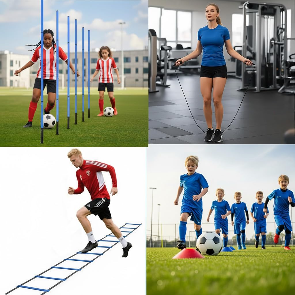 Soccer Agility Training Equipment Set - 6 Pro 59" Spliceable Agility Poles with Ground Spikes, 1 20ft Speed Ladder, 10 Soccer Cones, Jump Rope & Carry Bag for Youth Soccer & Football Drills (blue)