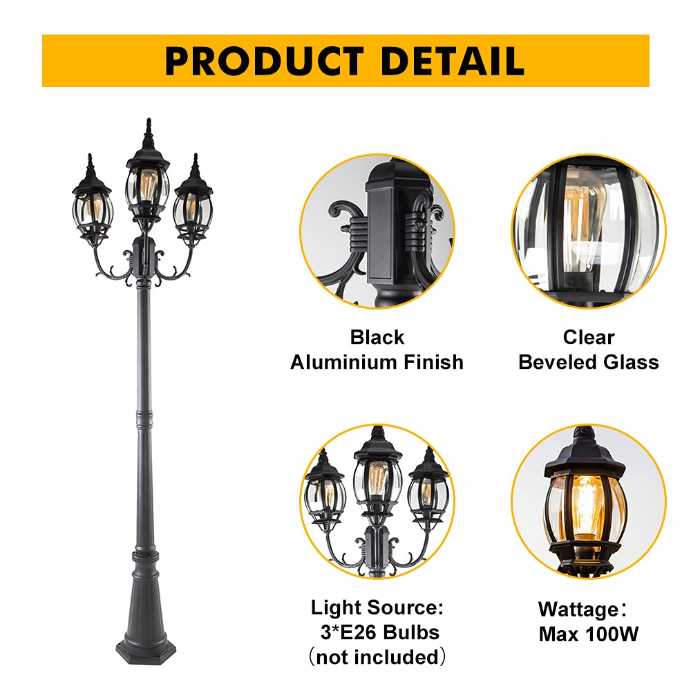 LUTEC LED Outdoor Post Light - Triple-Head Design, Hardwired, Black, 3 Oval Head + Post, Clear Glass Panels for Garden Pathway
