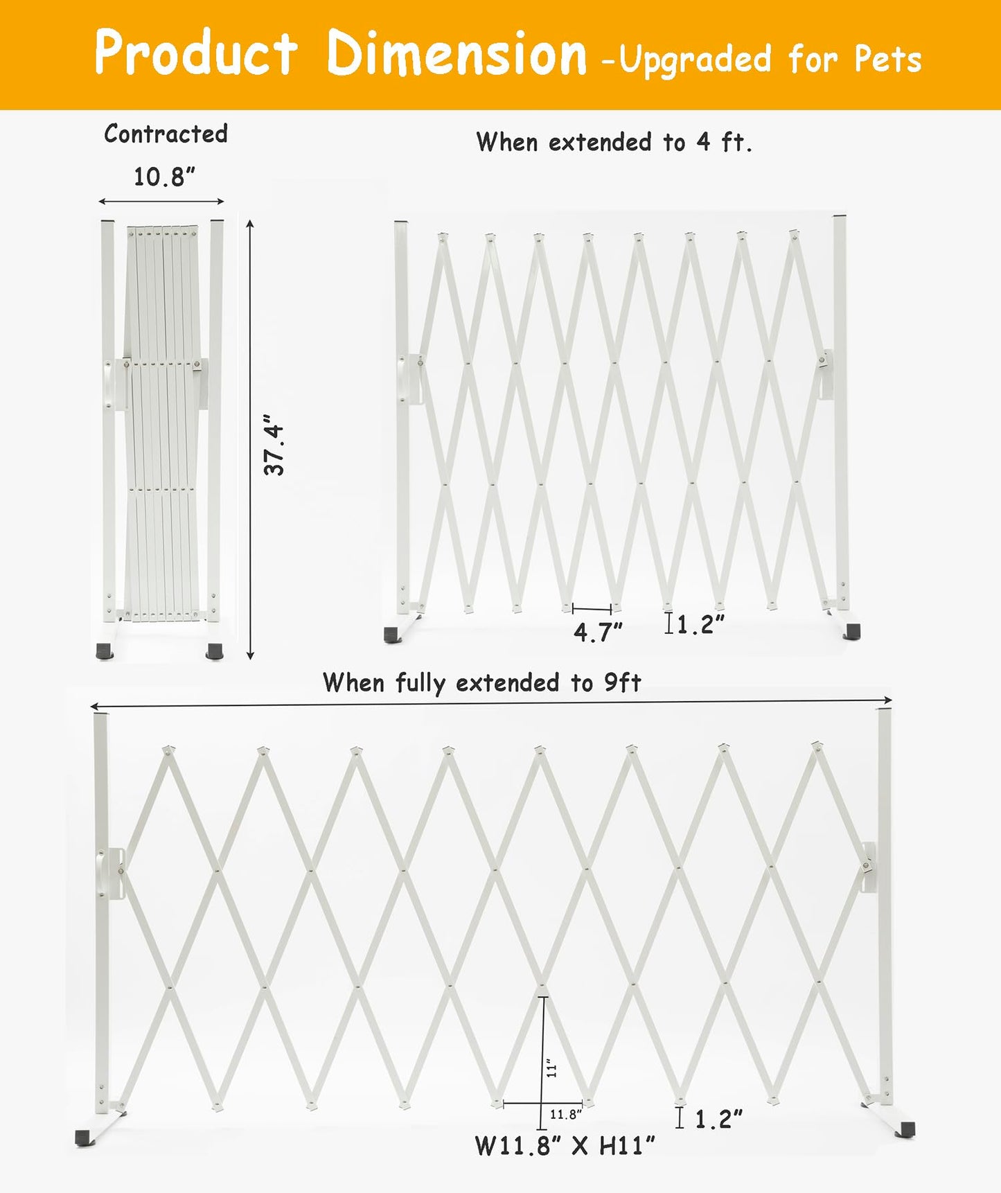 KENNISI Metal Expandable Dog Gate, 9Feet, Versatile Accordion Safety Barrier, Portable Retractable Barricade, Free Standing Adjustable Pet Fence, Indoor and Outdoor