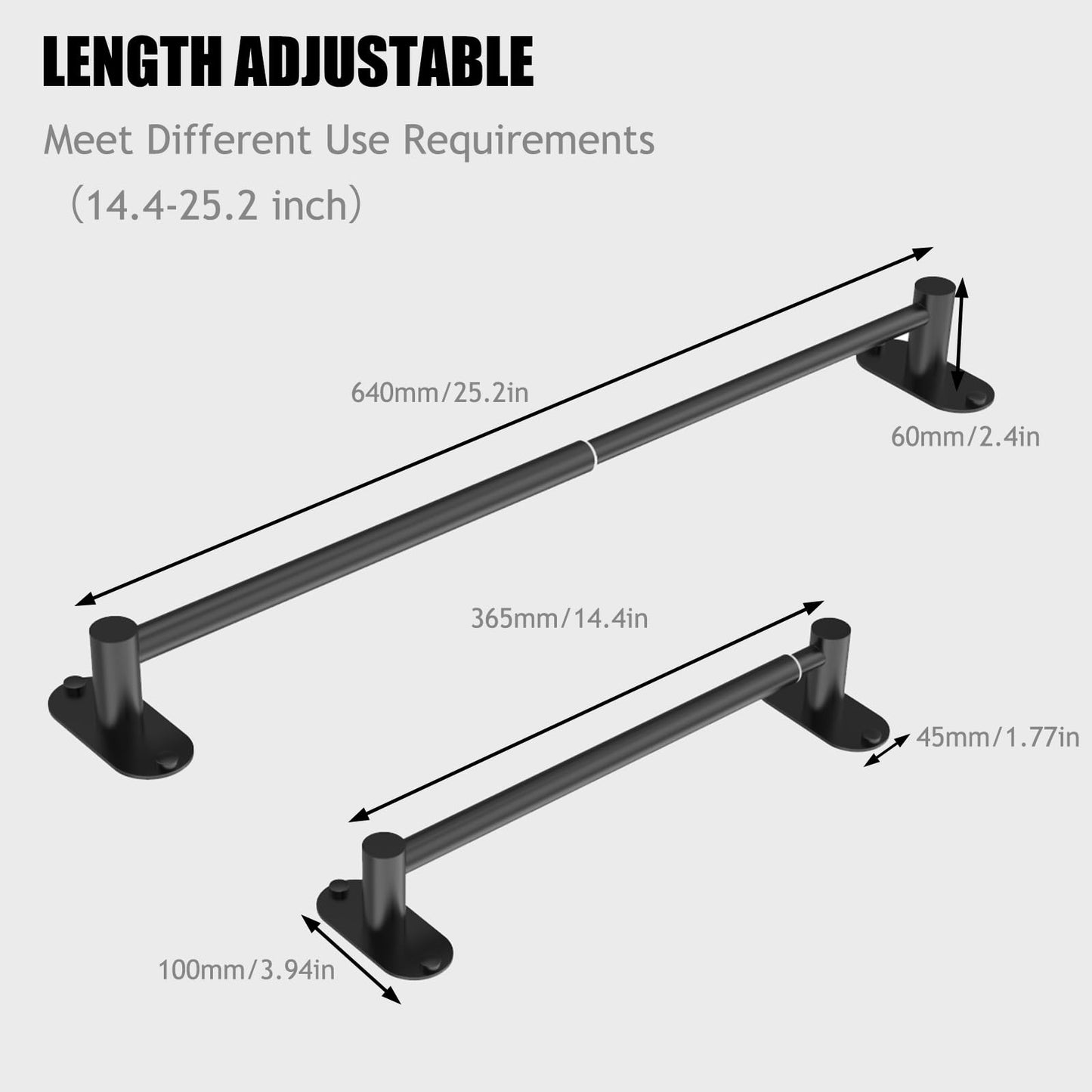 MIROAMZ Towel Bar, Adjustable 14.4inch - 25.2inch Towel Rack, Self Adhesive Wall Mounted for Bathroom Kitchen Hand Towel Holder Cloths Hanger 304 Stainless Steel Organizer Single Bar (1, Matte Black)