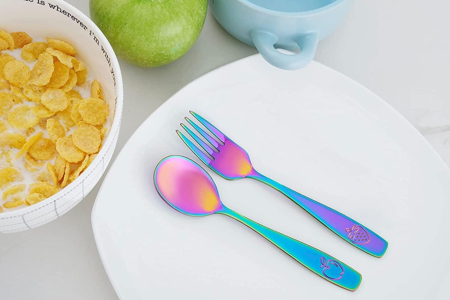 CHILLOUT LIFE Stainless Steel Kids Silverware Set 12 Pieces - Child and Toddler Safe Flatware - Kids Utensil Set - Metal Kids Cutlery Set (Includes 6 Small Kids Spoons & Kids 6 Forks, UV Rainbow)