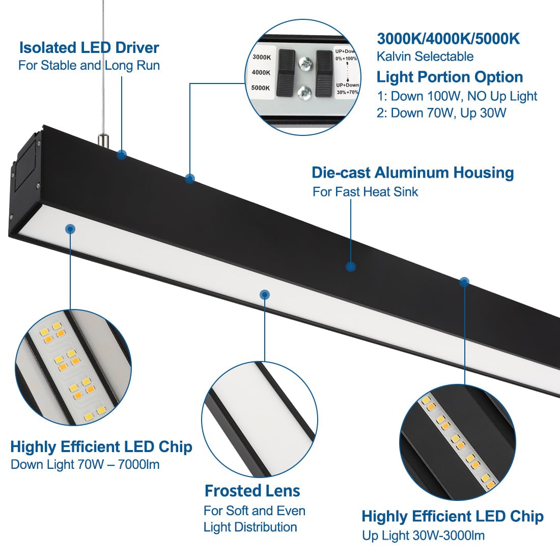 DAKASON 8FT LED Linear Light, 100W 8Foot LED Shop Light Fixture for Office, 70W Down Light and 30W Up Light Optional, 3/4/5000K CCT, 8Feet Black Commercial Pendant Strip Lighting 4 Pack