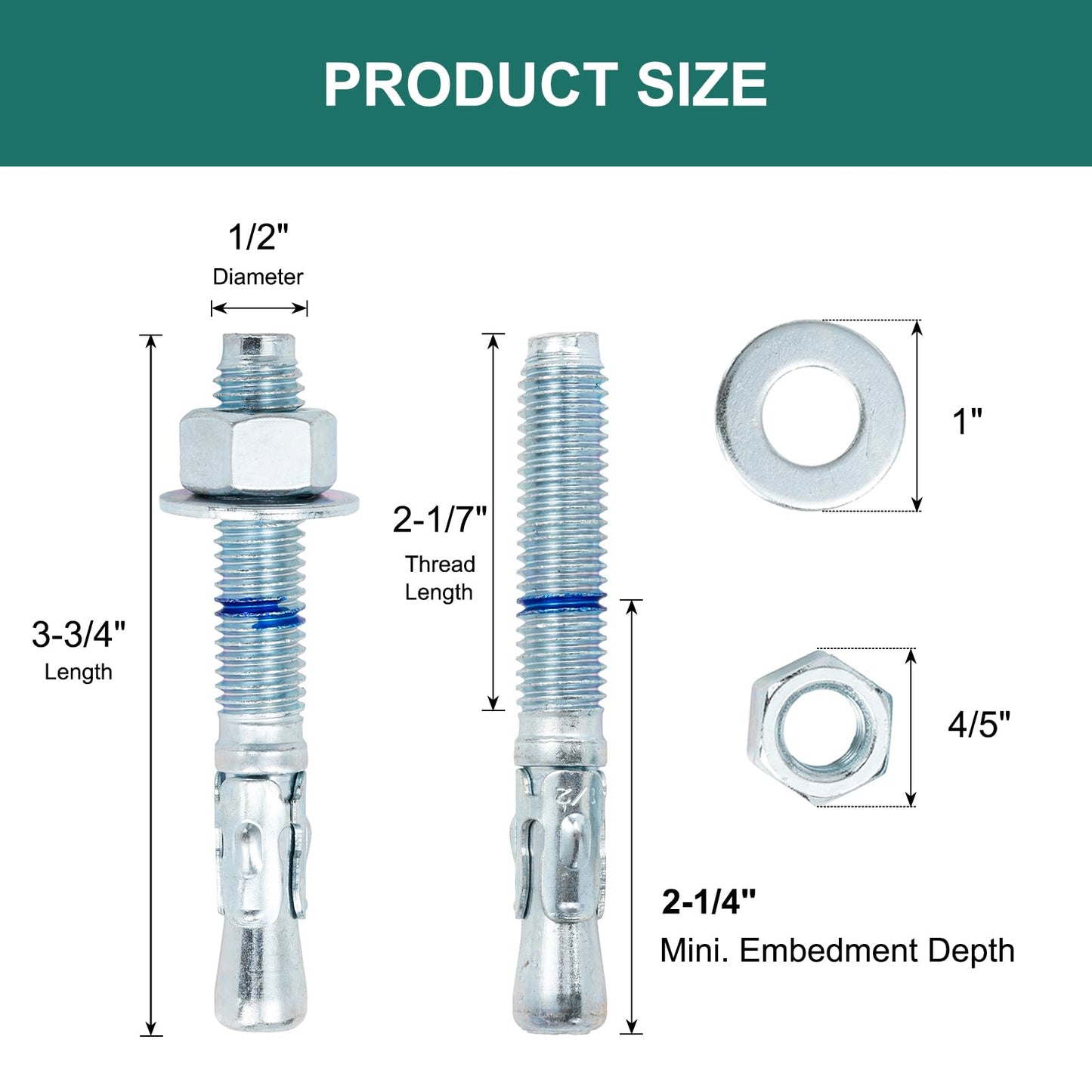 HROMIGRY 1/2" x 3-3/4" Concrete Anchors (50 Pack) 1/2 inch Wedge Anchors Bolts Zinc Plated