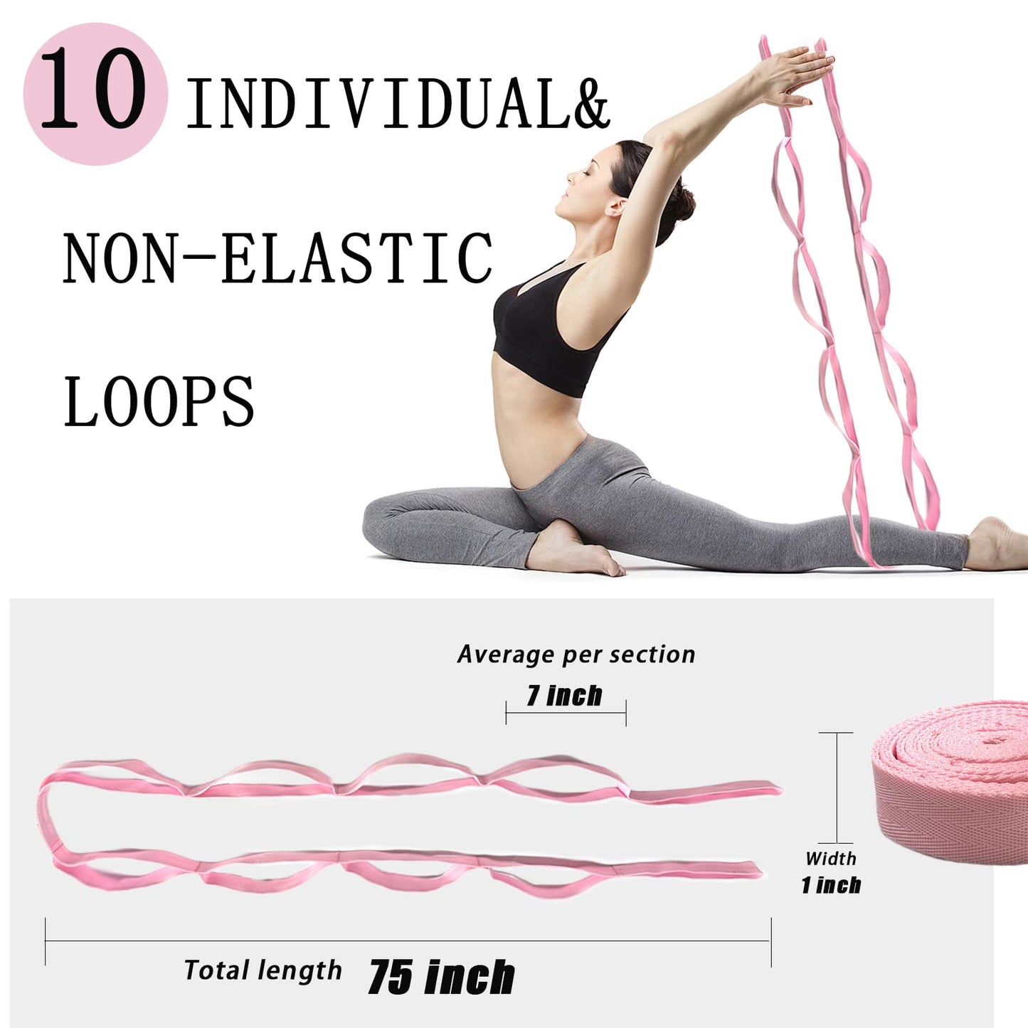 Stretching Strap Yoga Strap with Loops, Stretch Straps for Physical Therapy, Non-Elastic Exercise Strap for Pilates, Dance and Gymnastics with Workout Guide (Pink)