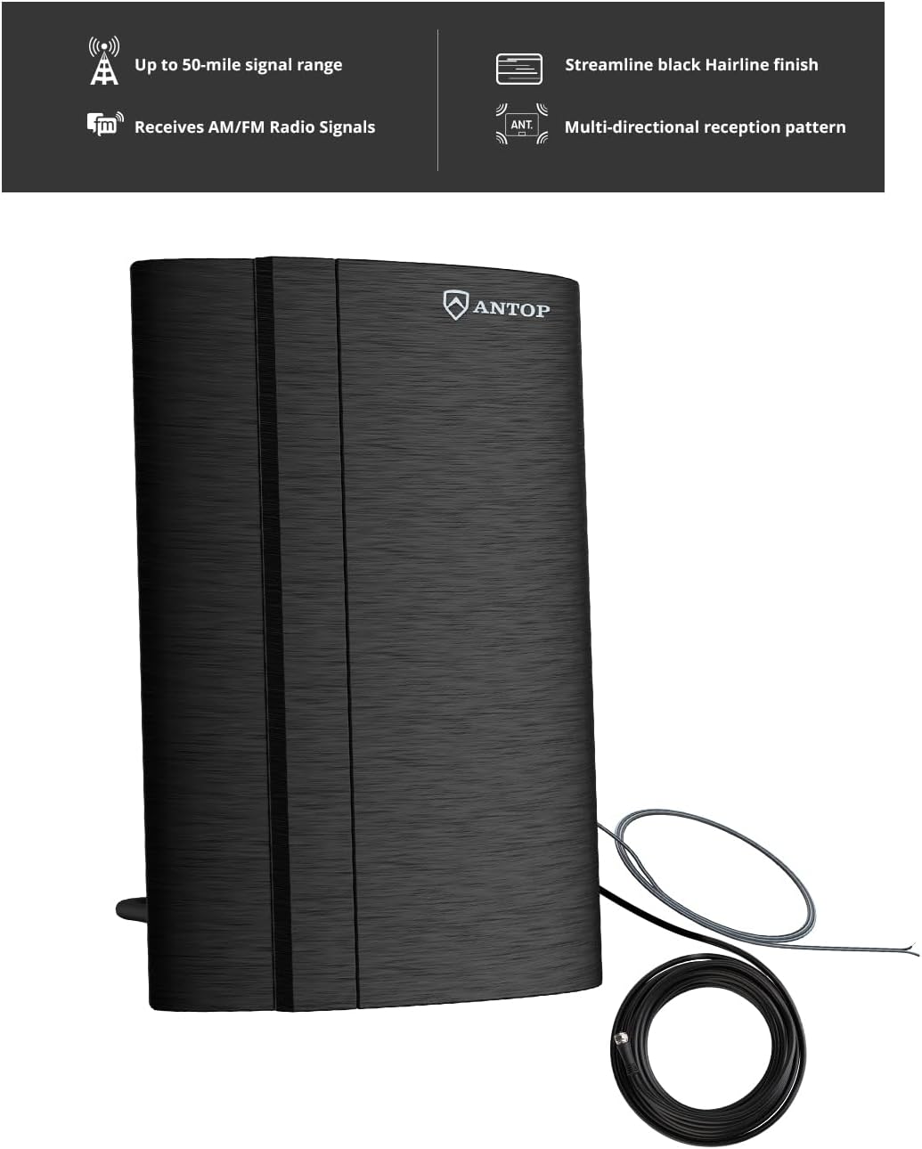 ANTOP 50 FM Antenna, Low Noise Amplified Digital AM/FM Indoor Radio Antenna, Suitable for Home Stereo Receivers, Miles