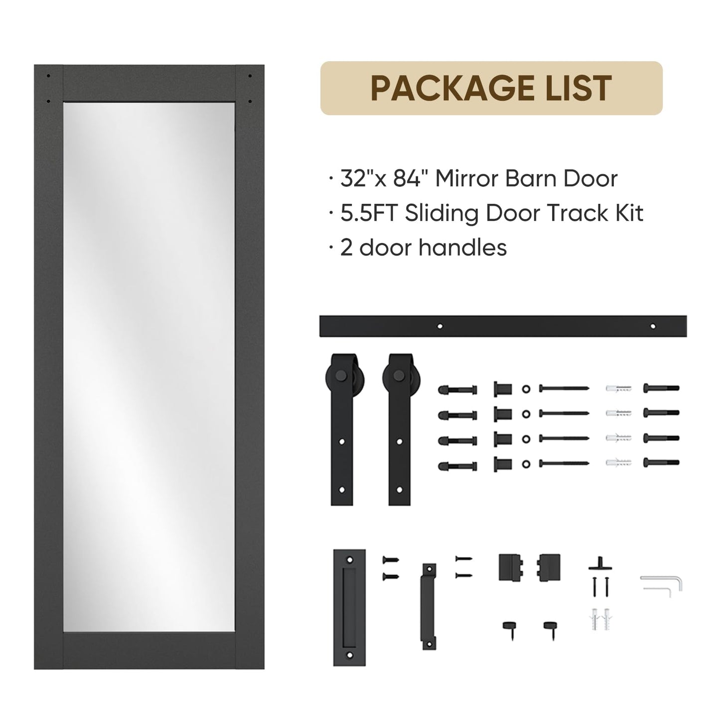 BARNSMITH 32in x 84in Mirror Barn Door with 5.5FT Sliding Door Hardware Kit Included, 1 Lites Full Length, Solid Wood Water-Proof PVC Surface,No Assembly Required,Black