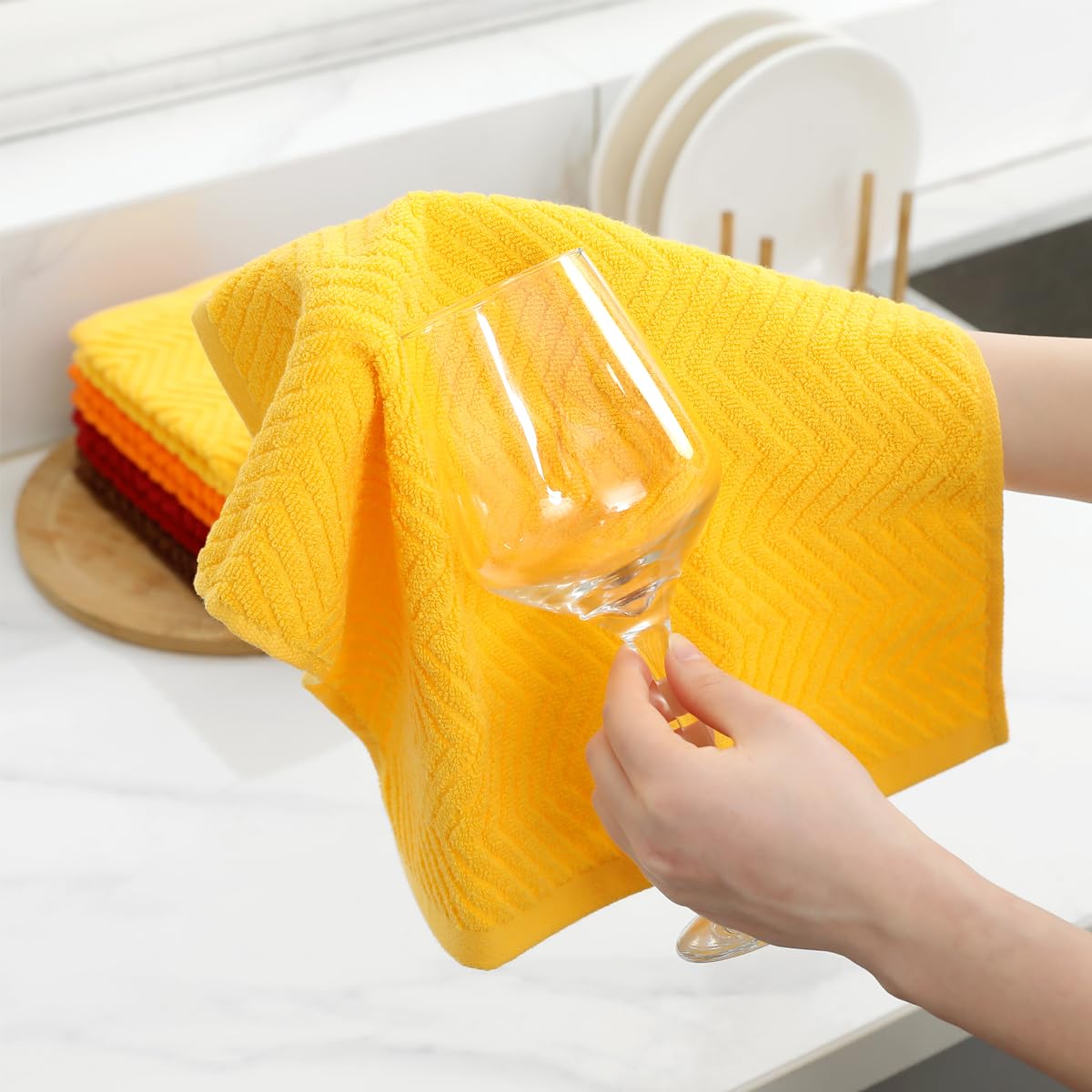 QAJ 100% Cotton Kitchen Towels and Dishcloths Set, Pack of 8 Super Absorbent 16" x 25" Kitchen Towels and 13" x 13" Dish Cloths (400 GSM)