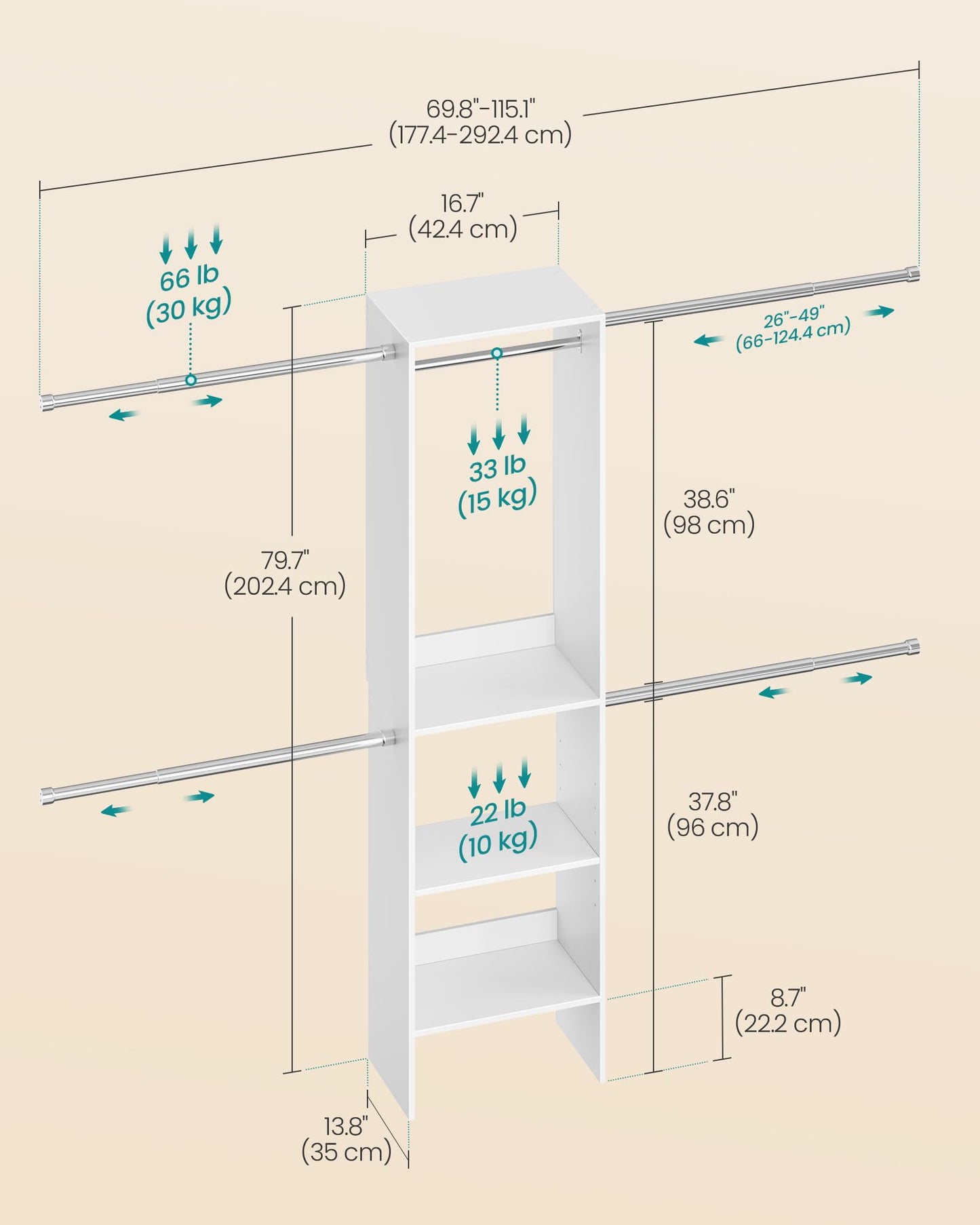 SONGMICS Closet System, Customizable Walk-In Closet Organizer System with Adjustable Hanging Rods and Storage Shelves, White, Fits Spaces 4-9.6 ft URGR040WZ01S