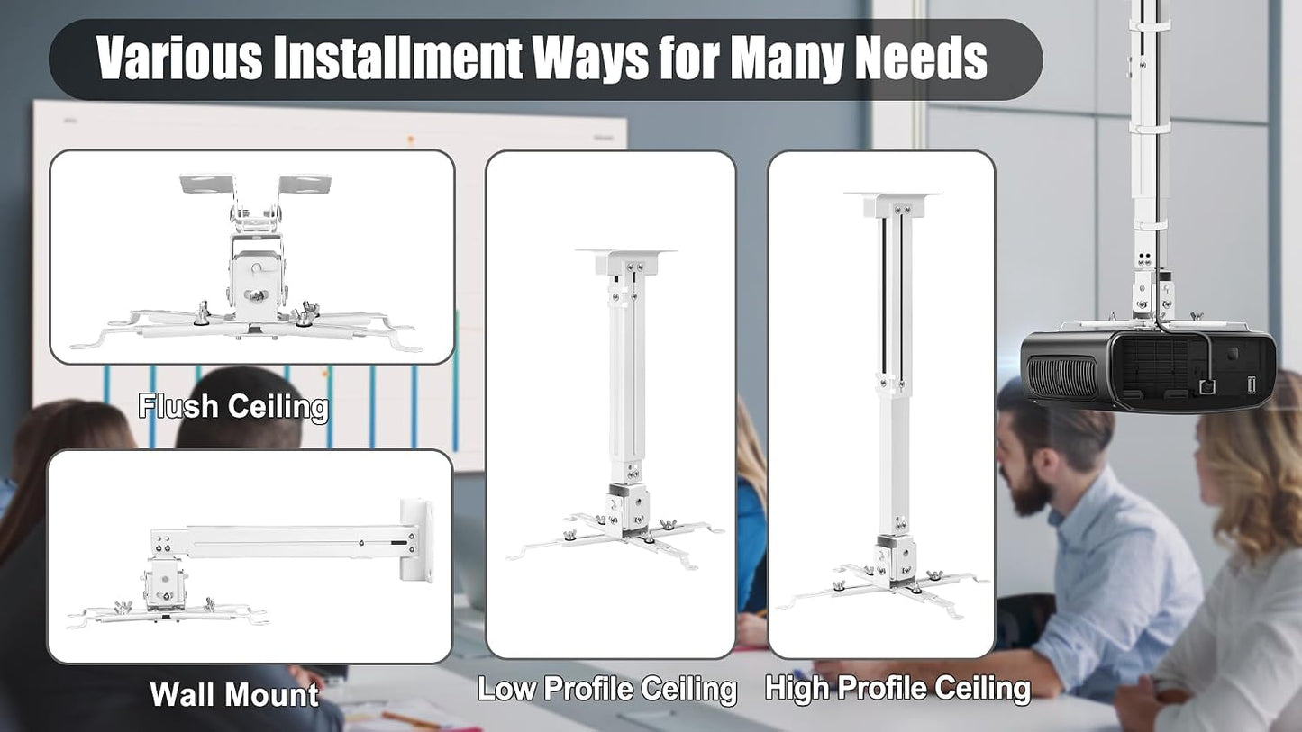2-Be-Best 3-in-1 Projector Ceiling Mount Wide Pipe Universal Projector Wall Mount Bracket with Adjustable Arm, Flush