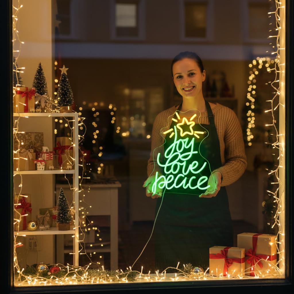 Skiennix Christmas Tree Neon Sign - USB Powered LED Wall Decor for Peace, Love & Joy | Holiday Gift