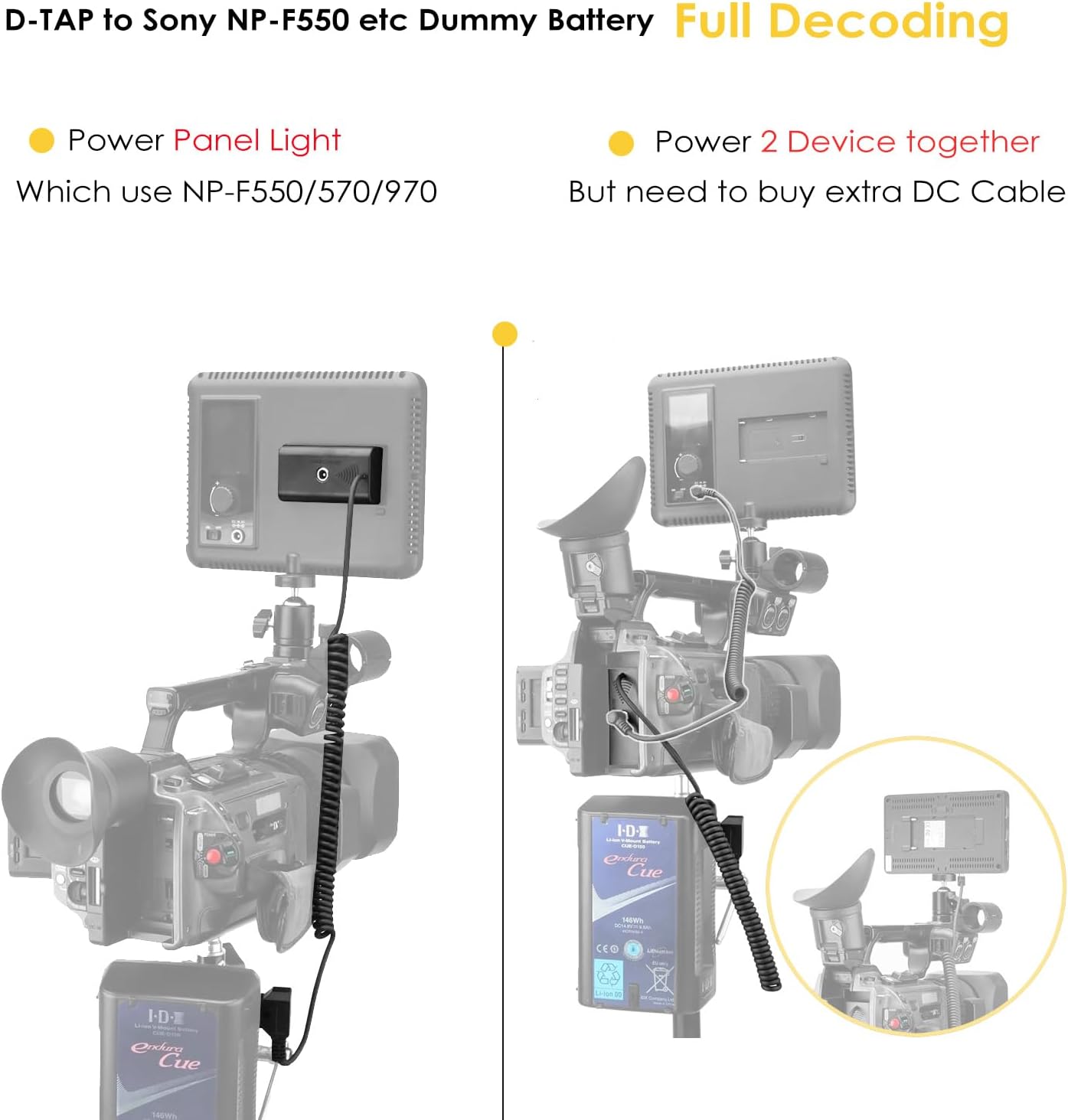 ZALUNERO NP-F970 Dummy NP-F550/770/570 D-Tap to Battery Coiled Power Cable Compatible with Sony Power Panel Light