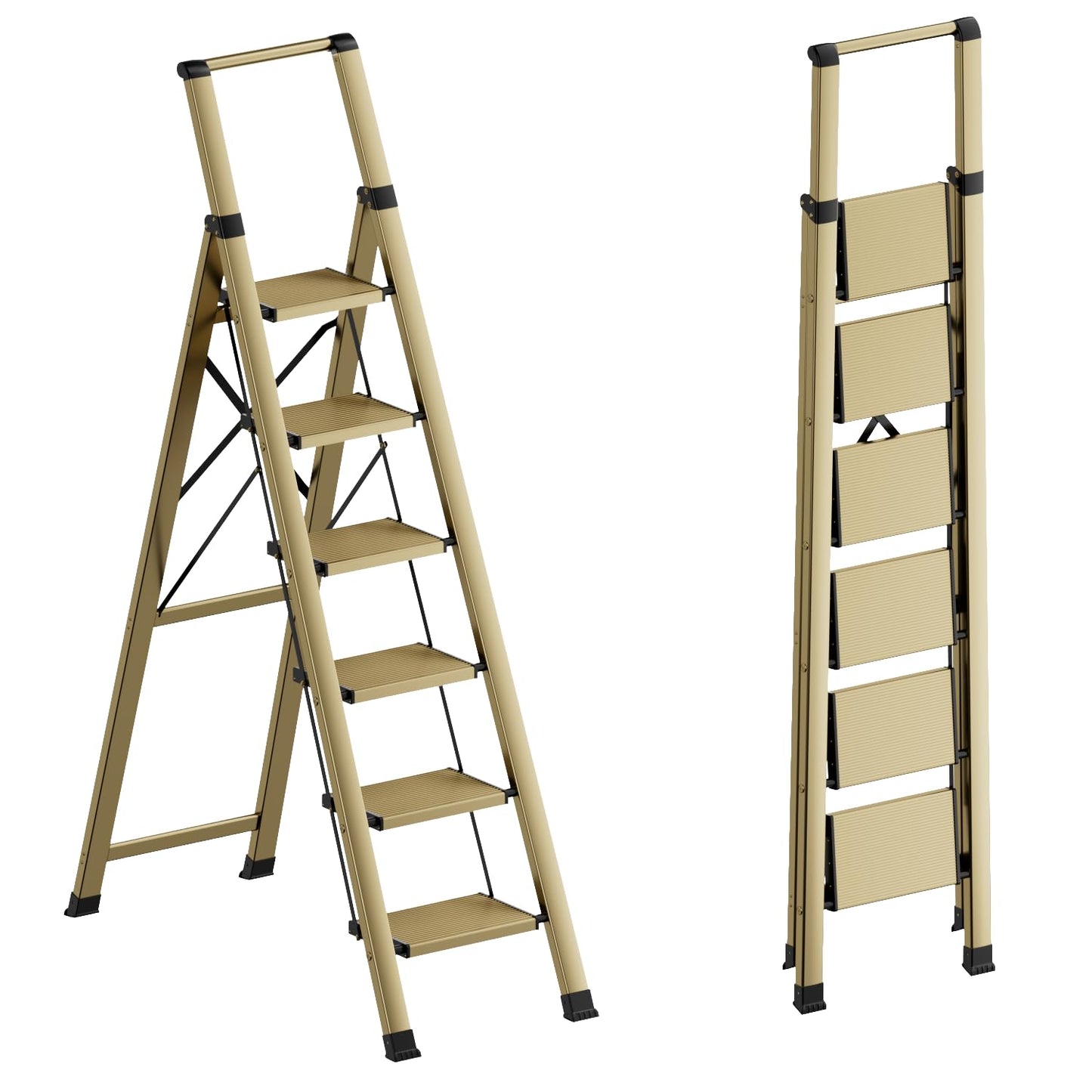 GameGem 6 Step Ladder for 12 Feet High Ceiling, Lightweight Aluminum Folding Step Stool with Convenient Handgrip, Stepladders with Anti-Slip and Wide Pedal for Home Use Space Saving - Gold