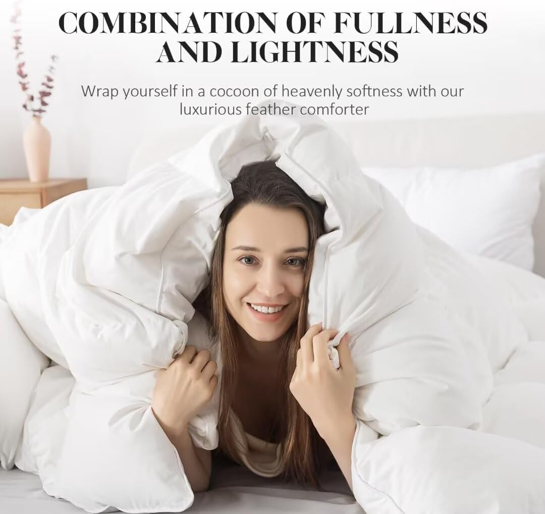 WhatsBedding White Queen Size Feather Down Fiber Comforter, Filled with Feather and Down Fiber, All Season Fluffy Ultra Soft 100% Cotton Duvet Insert, Luxury Hotel Bedding Style Comforter,90"x90"