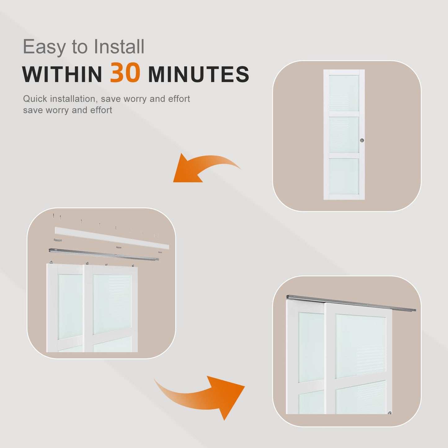 EaseLife 56x80 in (Double 29in) Sliding Closet Door for Bedroom, 3-Lite Frosted Glass Sliding Door with Hardware Track Kit & Floor Guide, Preassembled Door Panel, MDF White Pocket Doors