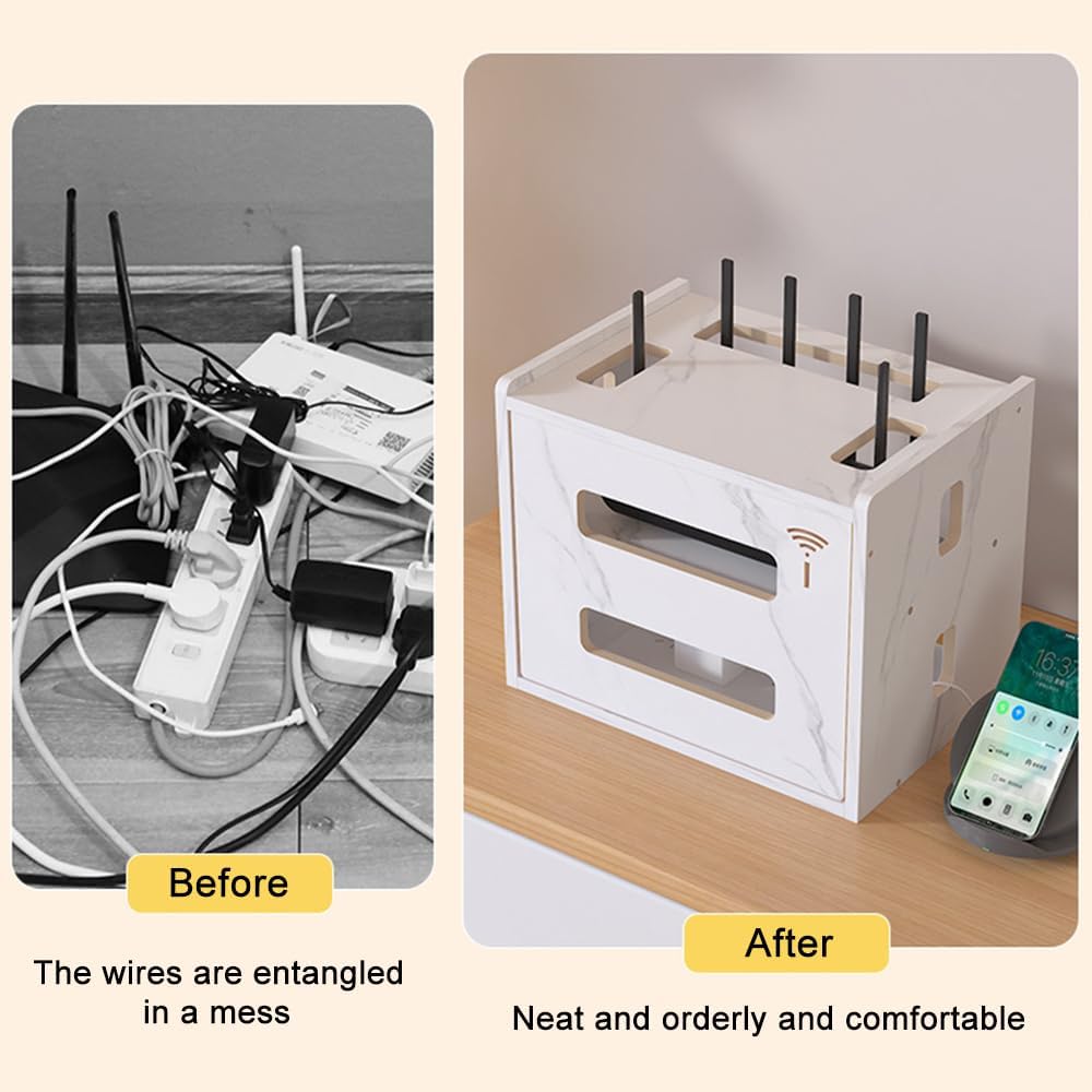 W WWEENUO Wooden Router Shelf, Desktop WiFi Router Storage Box Modem Rack Cover Power Strip and Cable Management Hider
