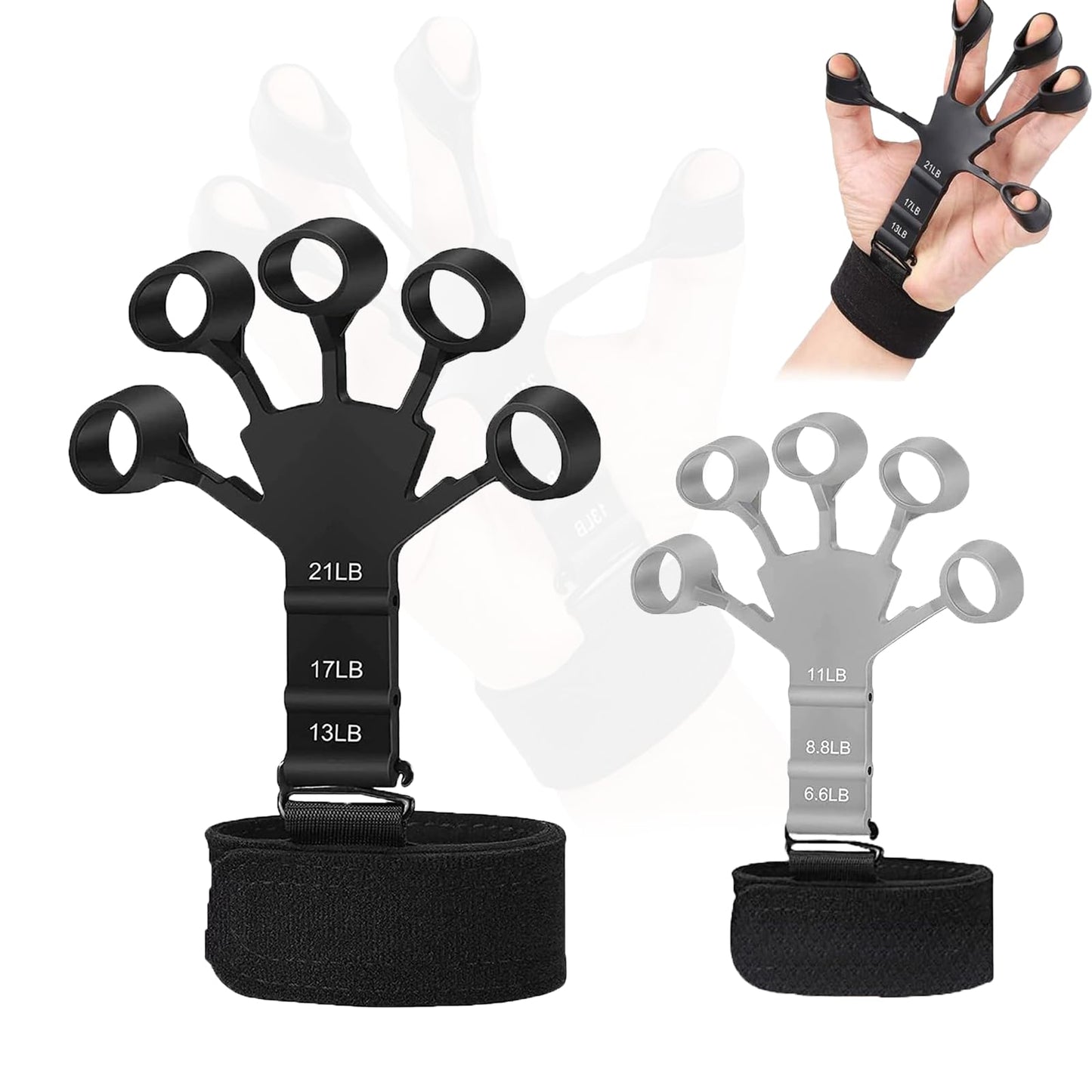 Kairsya Finger Stretcher & Hand Strengthener - 2Pcs Adjustable Finger Resistance Bands for Guitarists, Climbers, Typists, Gamers, Forearm & Hand Strength Training Wrist Exerciser (Black+Grey)