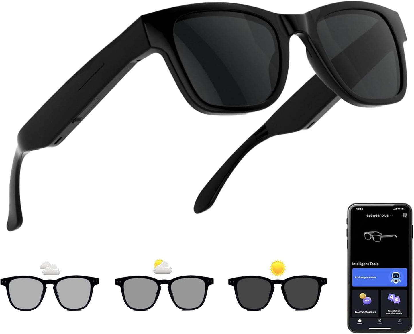 XOOMEER 160+Languages AI Smart Glasses with Color-Change Lenses Bluetooth Glasses for Men Women with Translation Voice