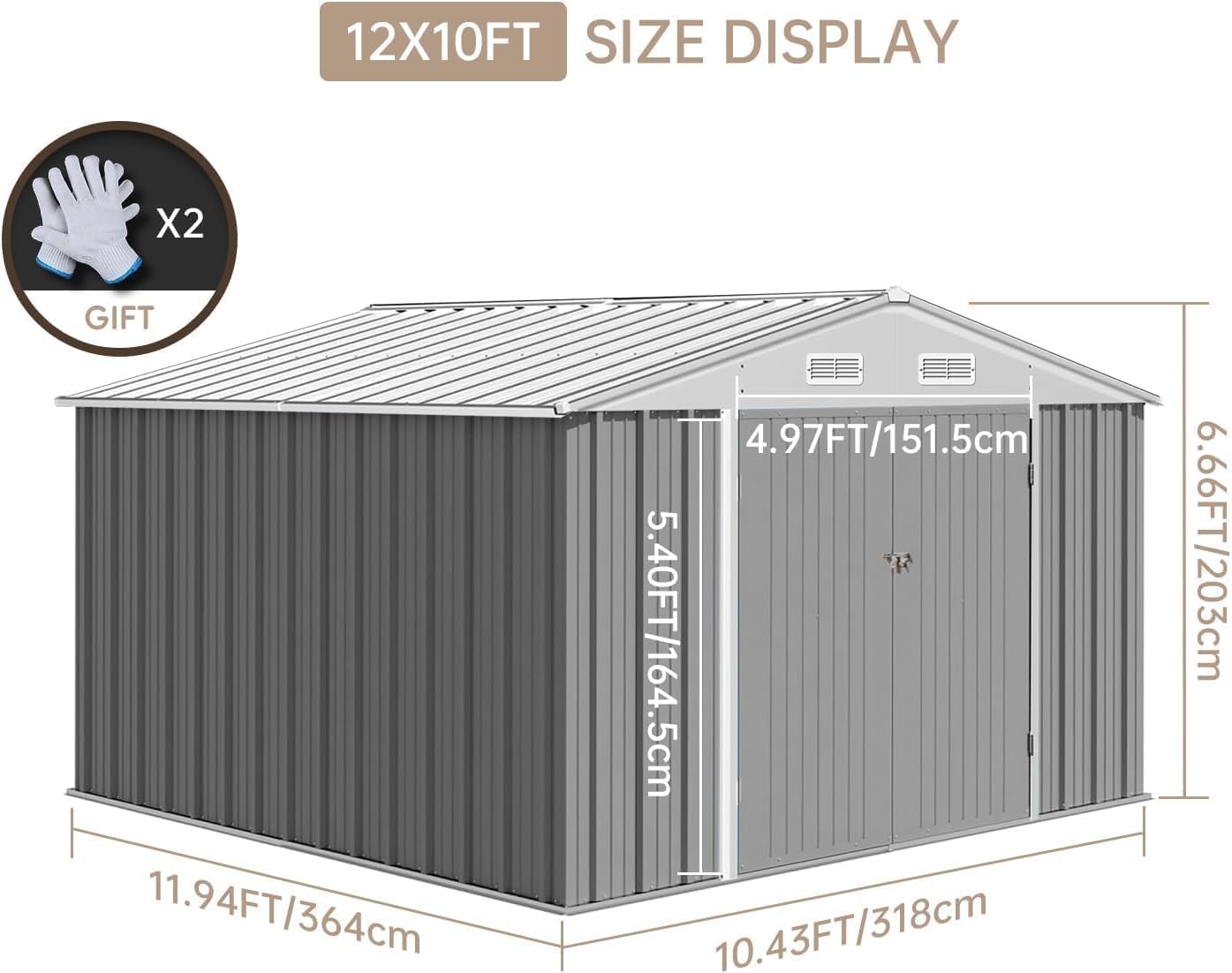 12X10FT Metal Outdoor Storage Shed, Galvanized Steel Garden Tool Shed with with Lockable Door & Vents,Waterproof All-Weather Utility Tool Shed for Lawn Mower, Bike