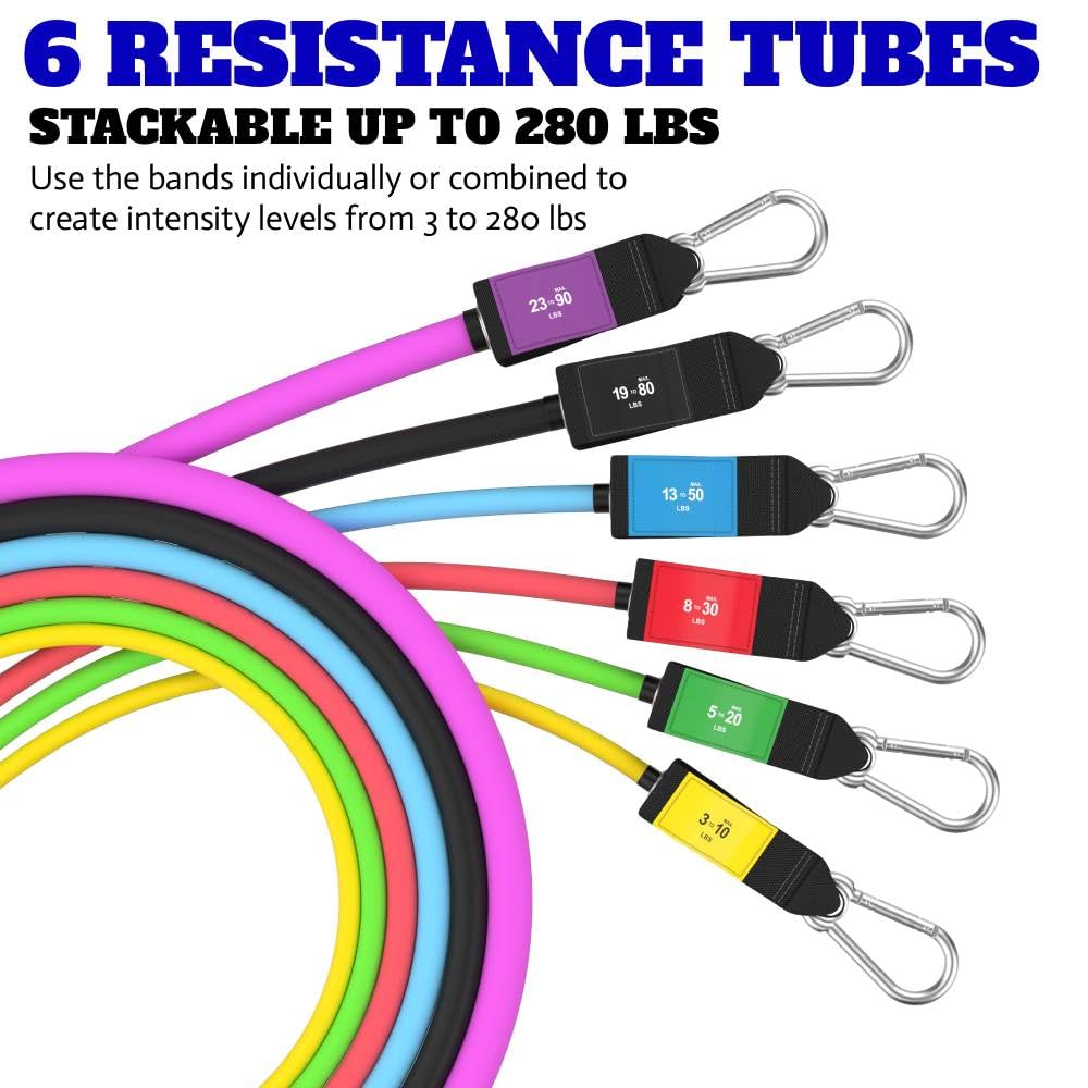 Bodylastics Pro Series Resistance Band Set - 6 Bands, Handles, Ankle Straps, Door Anchor, Carry Bag Heavy-Duty Stretch Exercise Bands and Snap Reduction Tech (3-280 Lbs Max Tension)