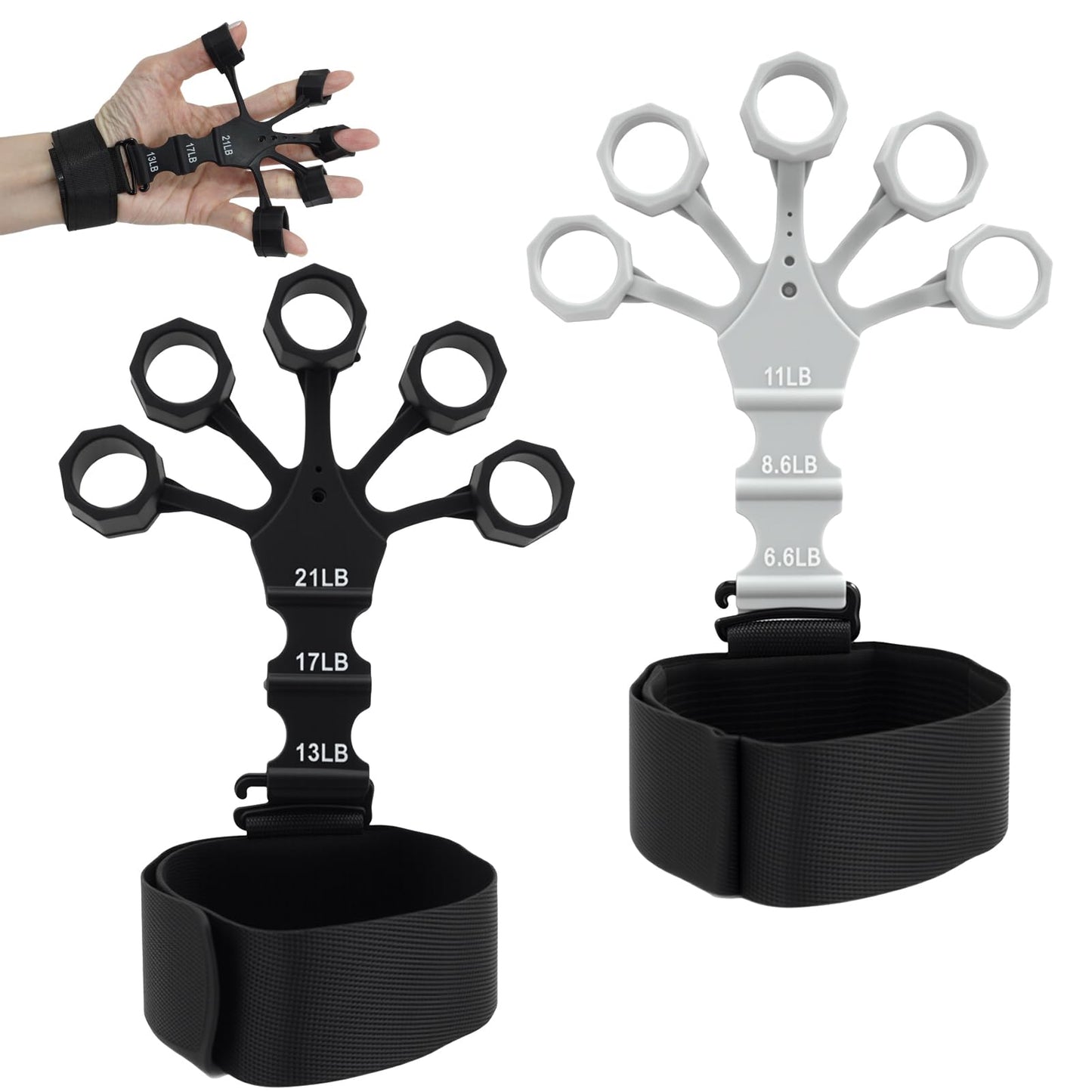 2PCS Grip Strength Trainer, Finger Exerciser, Double Sided Grip Strength Trainer for Rock Climbing and Hand Therapy, Adjustable Finger Extension Exerciser Builds Hand Strength for Relieve Pain(Black+Grey)