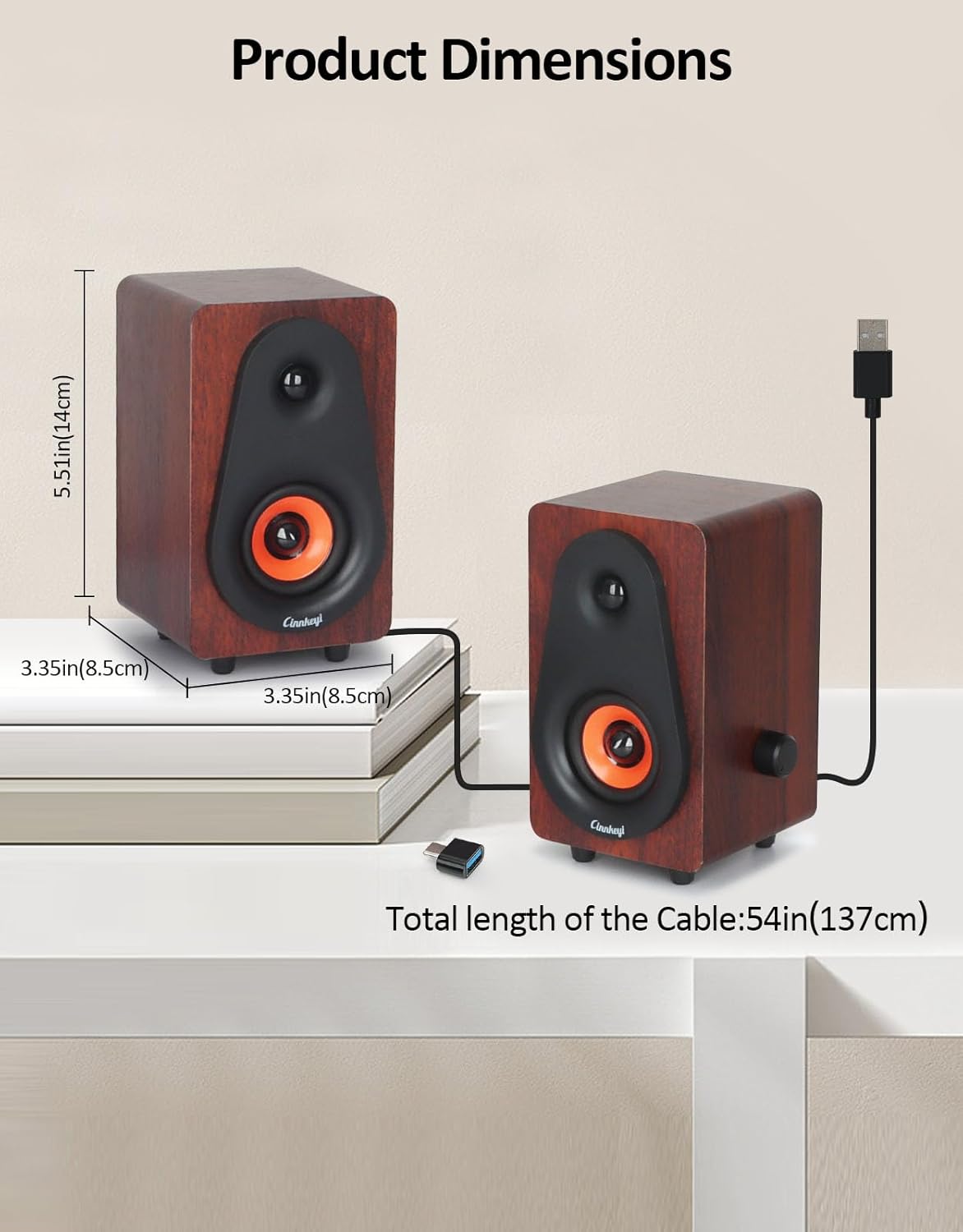cinnkeyi 12W 2026 USB Computer Speakers Update Wooden Desktop Speakers with Dual Diaphragms, High-Fidelity Stereo