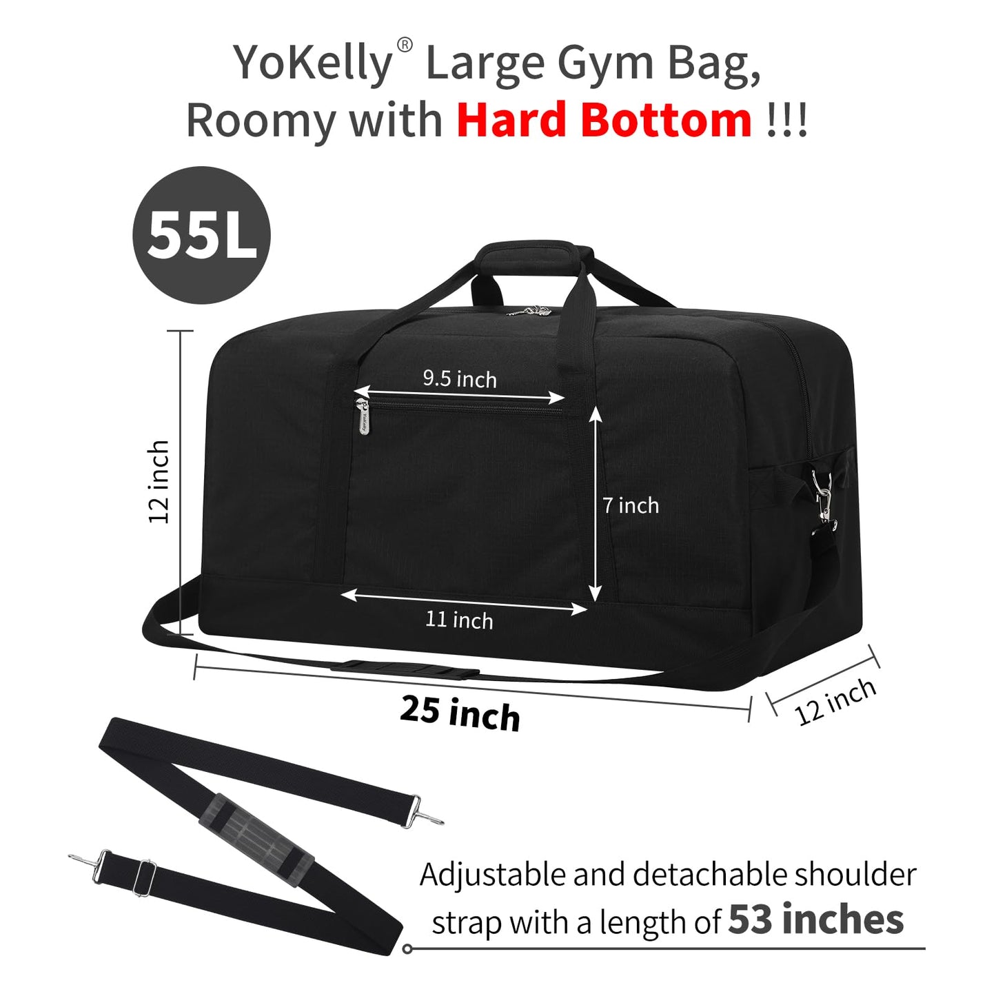 YoKelly 55L Large Duffle Bag for Men Travel - 25 inch Weekender Duffel Bag with Hard Bottom - Black