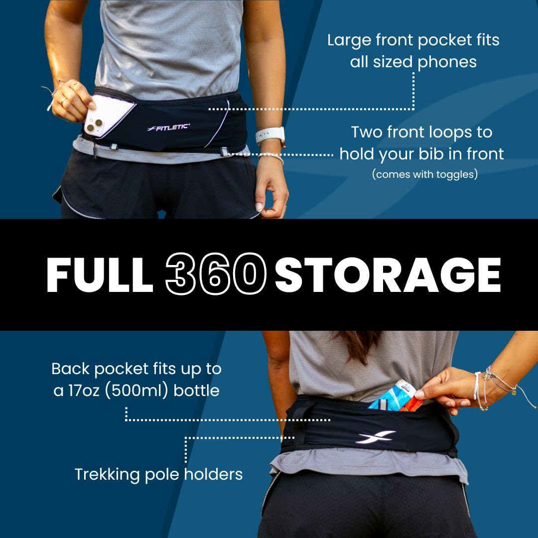 Fitletic 360 Plus Running Belt – Step-In Waist Pack – Fits iPhone 17 Pro Max & Galaxy S26 Series – Built-in Trekking Pole & Race Bib Holder – Trail, Hiking & Marathon Hydration – Black
