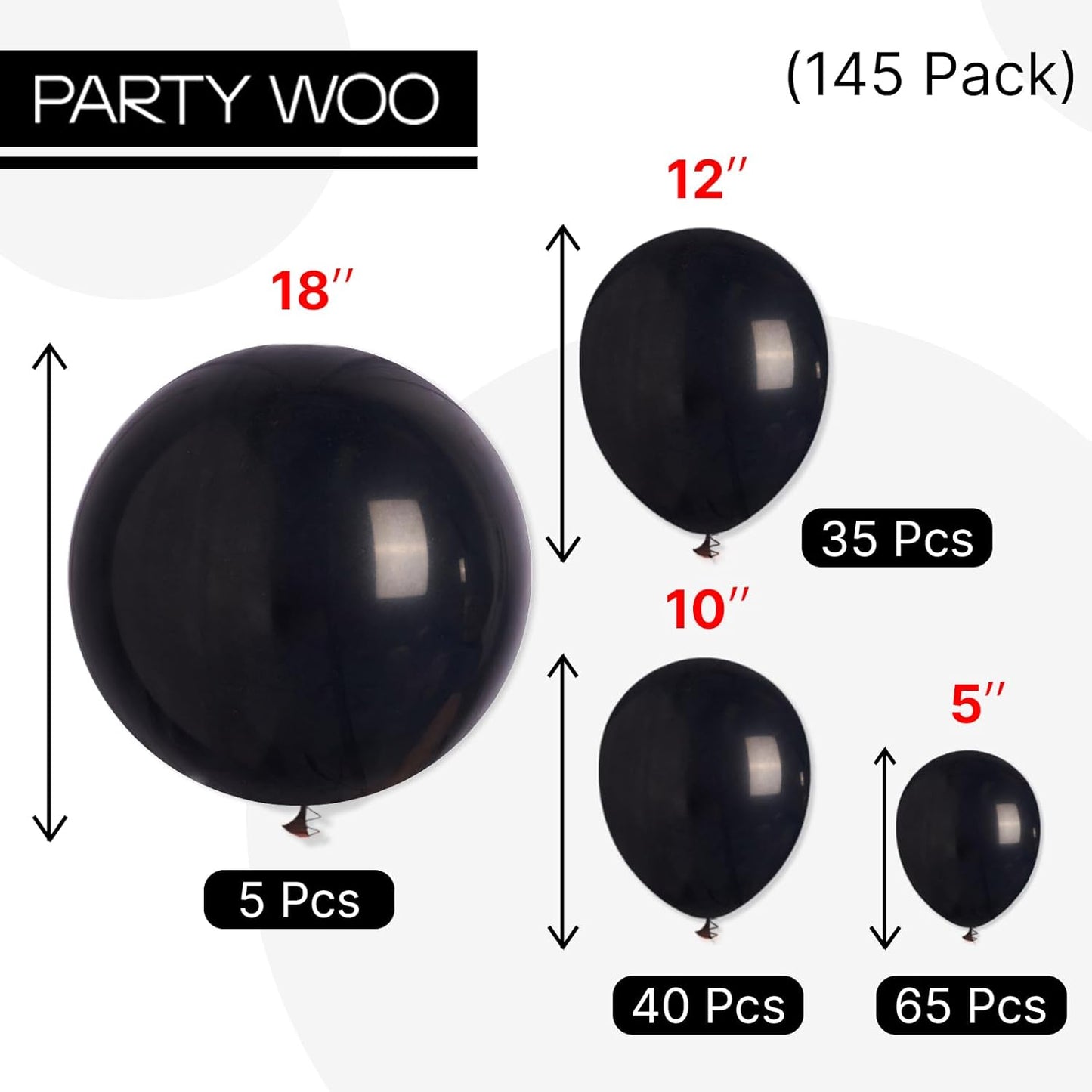 PartyWoo Black Balloon Arch Kit - 145 Pcs in 5-18 Inch Sizes for Baby Showers, Birthdays & Anniversaries