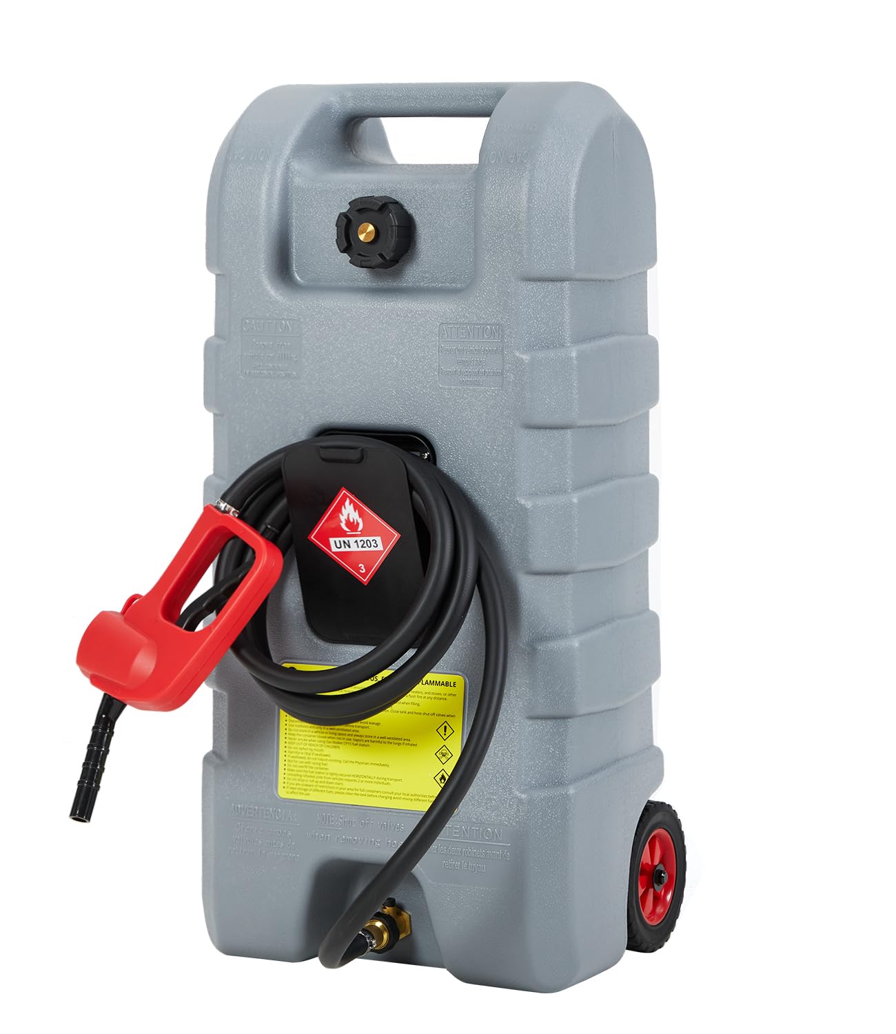 Garvee 15 gal Gas Can, Heavy-Duty Gas Tank and Fuel Caddy with Manual Fuel Transfer Pump, Portable Fuel Tank on Wheels with 10 ft Hose for Lawn Mowers, Cars, Boats, ATVs, Home and Farm Use, Grey