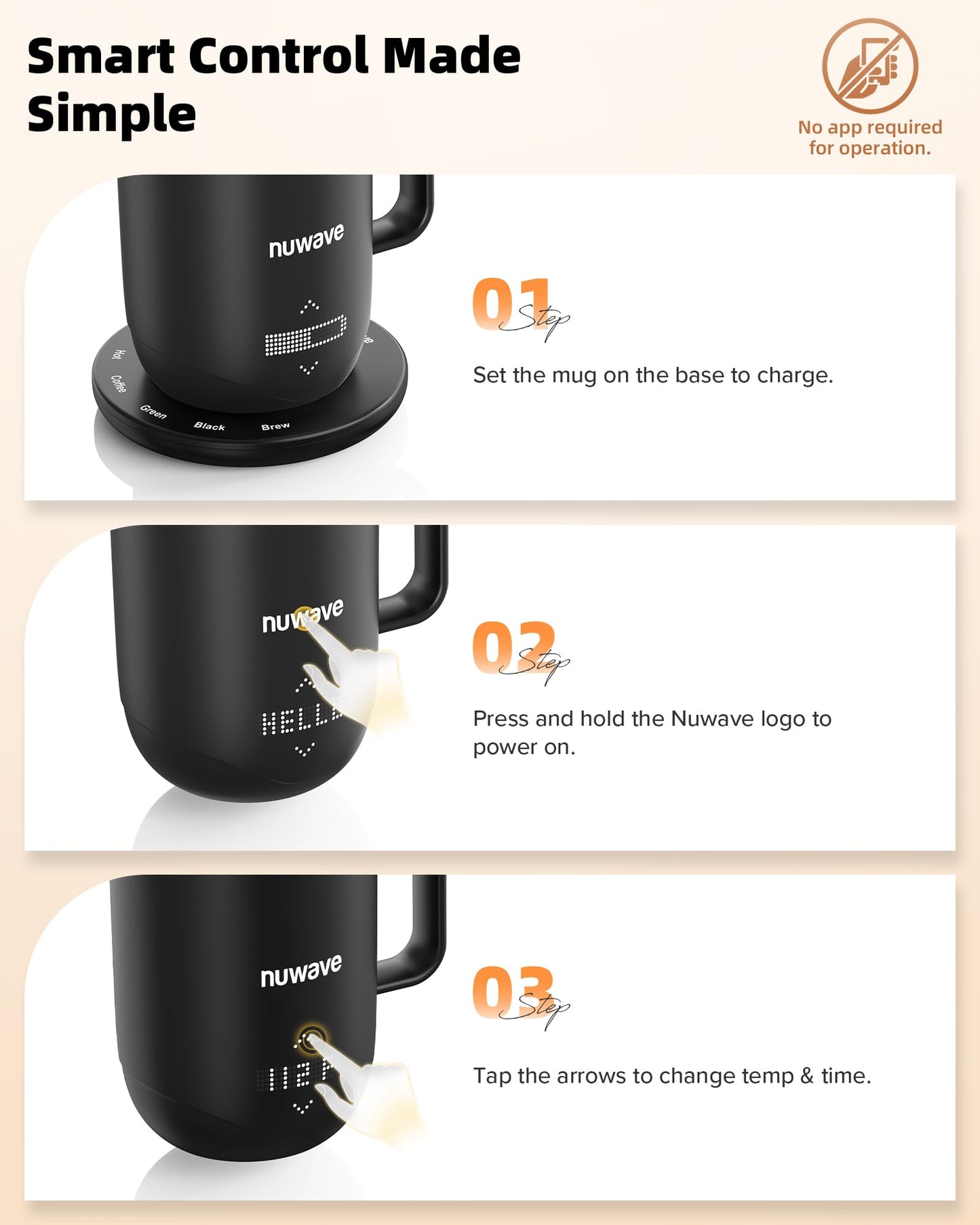 Nuwave Smart Heated Coffee Mug Rechargeable, 16oz Self Heating Temperature Control Mug with LED Display, Custom Brew Modes, Double-Wall Vacuum Insulation, 5-Hour Battery Life, Auto Shut-Off