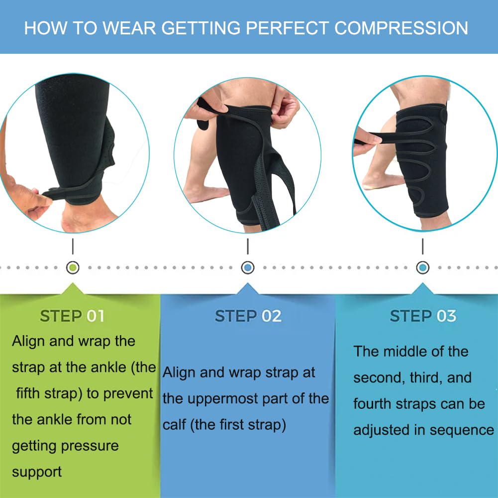 SDELIKIO Adjustable Calf Brace for Men Women, Calf Compression Brace Reduces Swelling, Shin Compression Sleeve with 5 Strap Non-slip Shin Splint for Torn Calf Muscle (One Size)