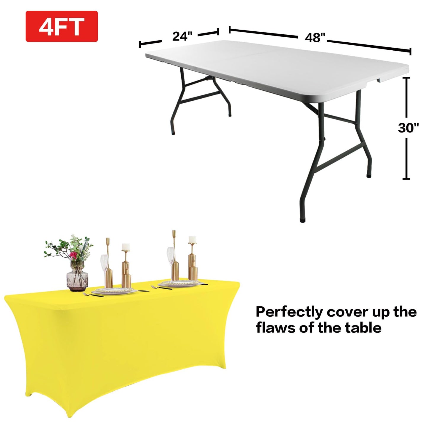 IVAPUPU 2 Pack 4FT Table Cloth for Rectangular Fitted Events Stretch Yellow Table Covers Washable Cover Spandex Tablecloth Protector for Party, Wedding, Cocktail, Banquet, Festival