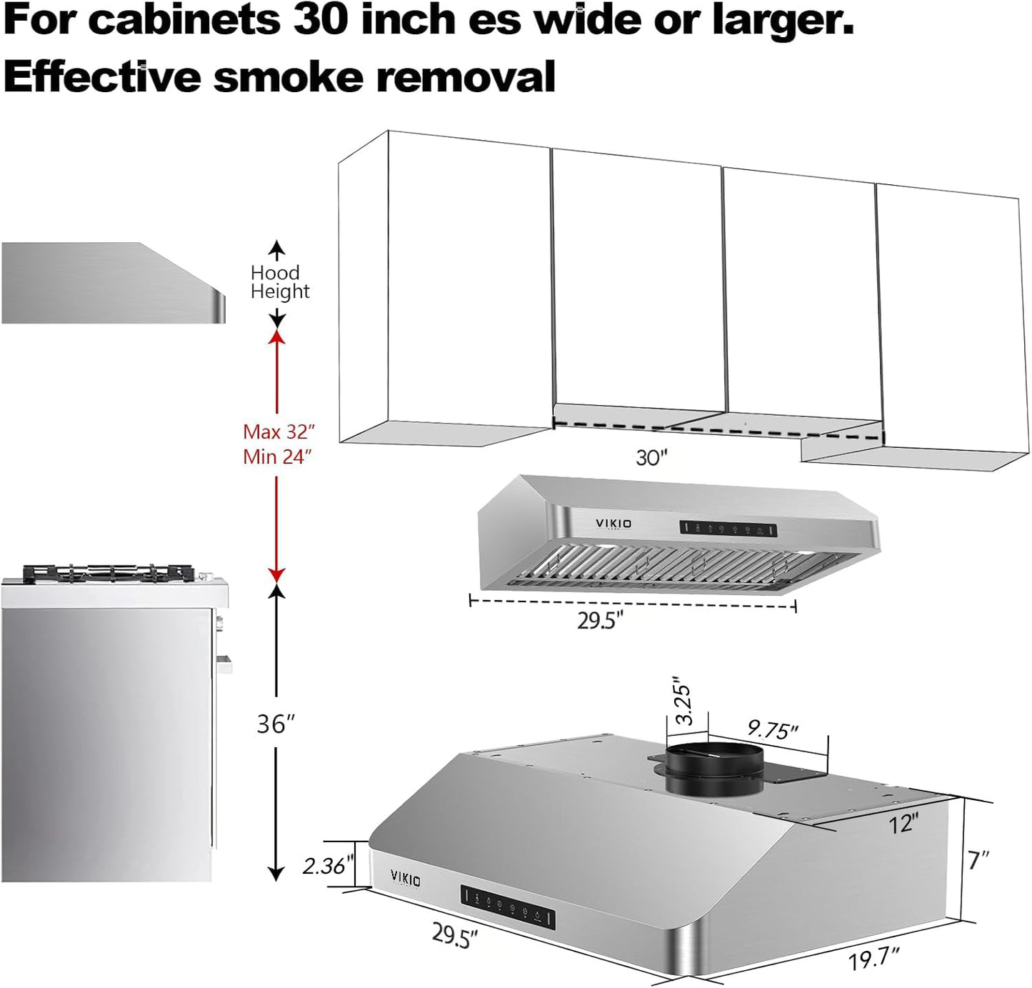 VIKIO HOME Range Hood 30 Inch Under Cabinet, Kitchen Hood with 980 CFM, 3-Speed Gesture Sensing & Touch Control Panel, Stainless Steel Vent 2 Pcs Baffle Filters with Handlebar, Ducted, LED light