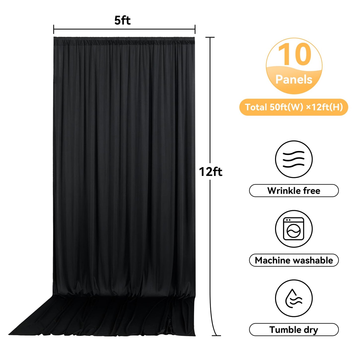 10 Panels 5x12ft Wrinkle Free Black Backdrop Curtains for Parties, Polyester Photo Backdrop Drapes 12 ft Long Back Drop Cloth for Wedding Birthday Photography Background, 50ftx12ft