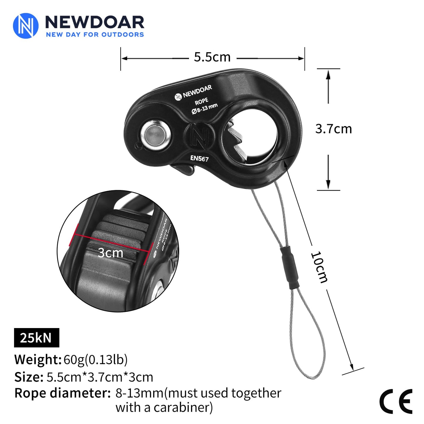 NewDoar Rope Ascender Lightweight Rope Clamp Ascender Riser Adjuster Fits 8-13mm Rope Self-Locking Grip for Rock Climbing,Protection Rescue,Rappelling,Gear Equipment(Black,Serrated Teeth)