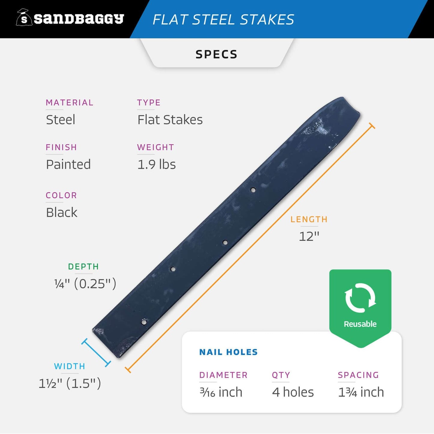 Sandbaggy 12" Flat Steel Stakes for Concrete Forms with Nail Holes - 1.5" Wide - Painted - Removable, Reusable, V Point End - Construction Grade Stakes (50, 12 inch)